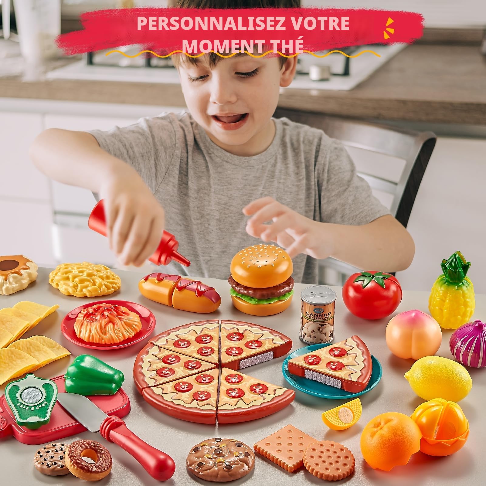 Lot de 80 Jouets Alimentaires à Découper pour la Cuisine des Tout-Petits, Jeu de Rôle de Chef pour Enfants avec Nourriture en Jouet, Panier à Pique-Nique (Édition Standard)