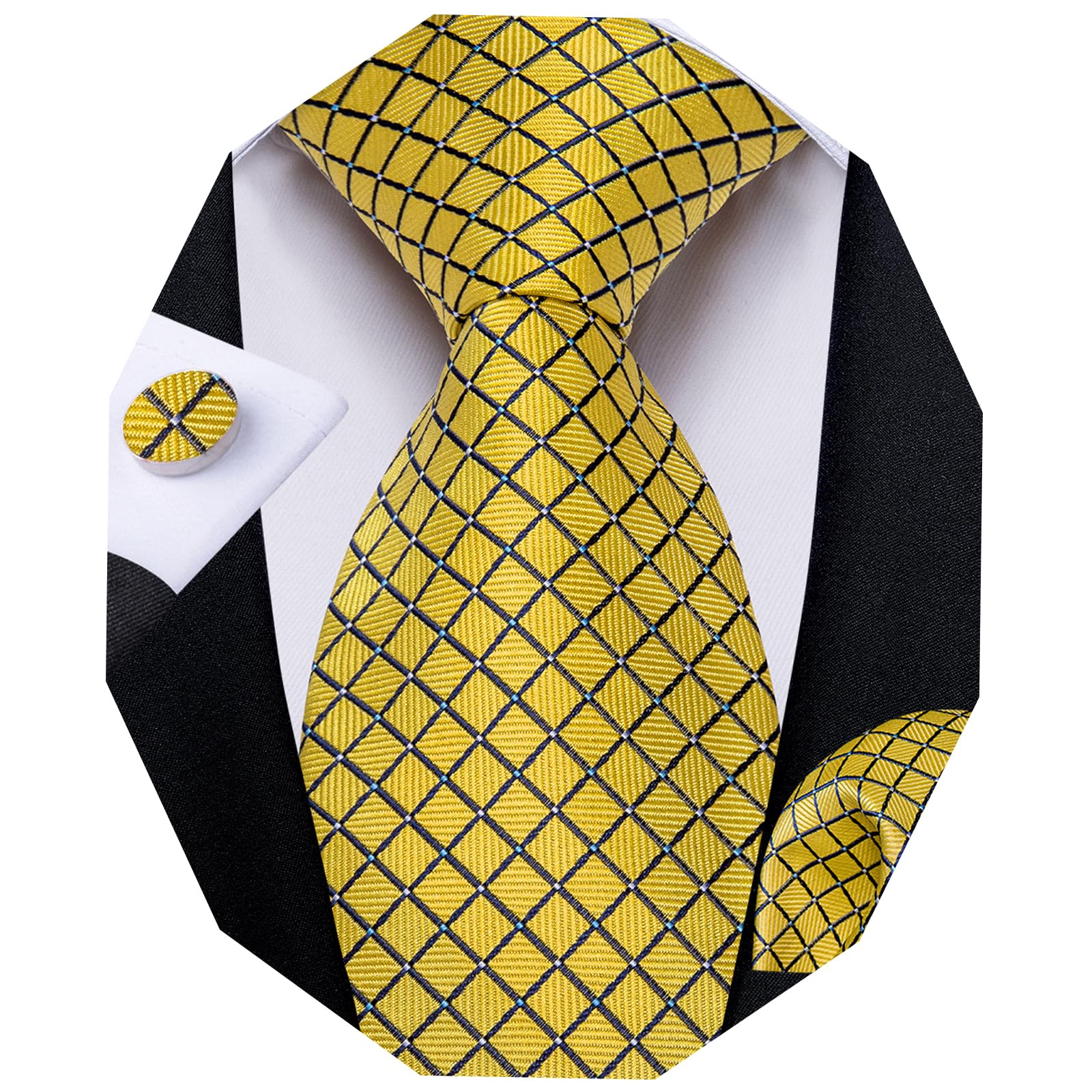 DiBanGu Mens Yellow Plaid Tie Woven Checkered Necktie with Pocket Square Cufflinks Sets in Gift Box Party
