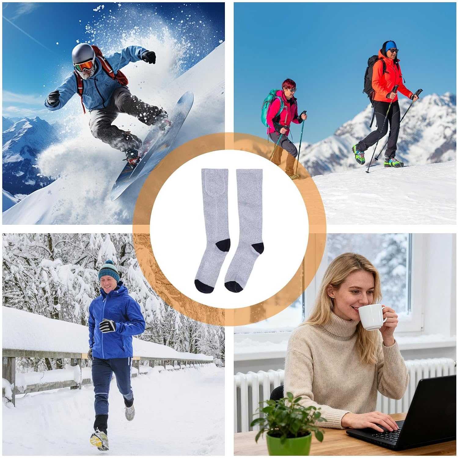 Electric Heated Socks - 7.87 Inches Warming Socks 3 Heat Levels for Cold Weather Skiing Riding Work, Thermal Foot Warmer Gear with Anti-Slip Design, Battery Heating Sock for Outdoor Activities