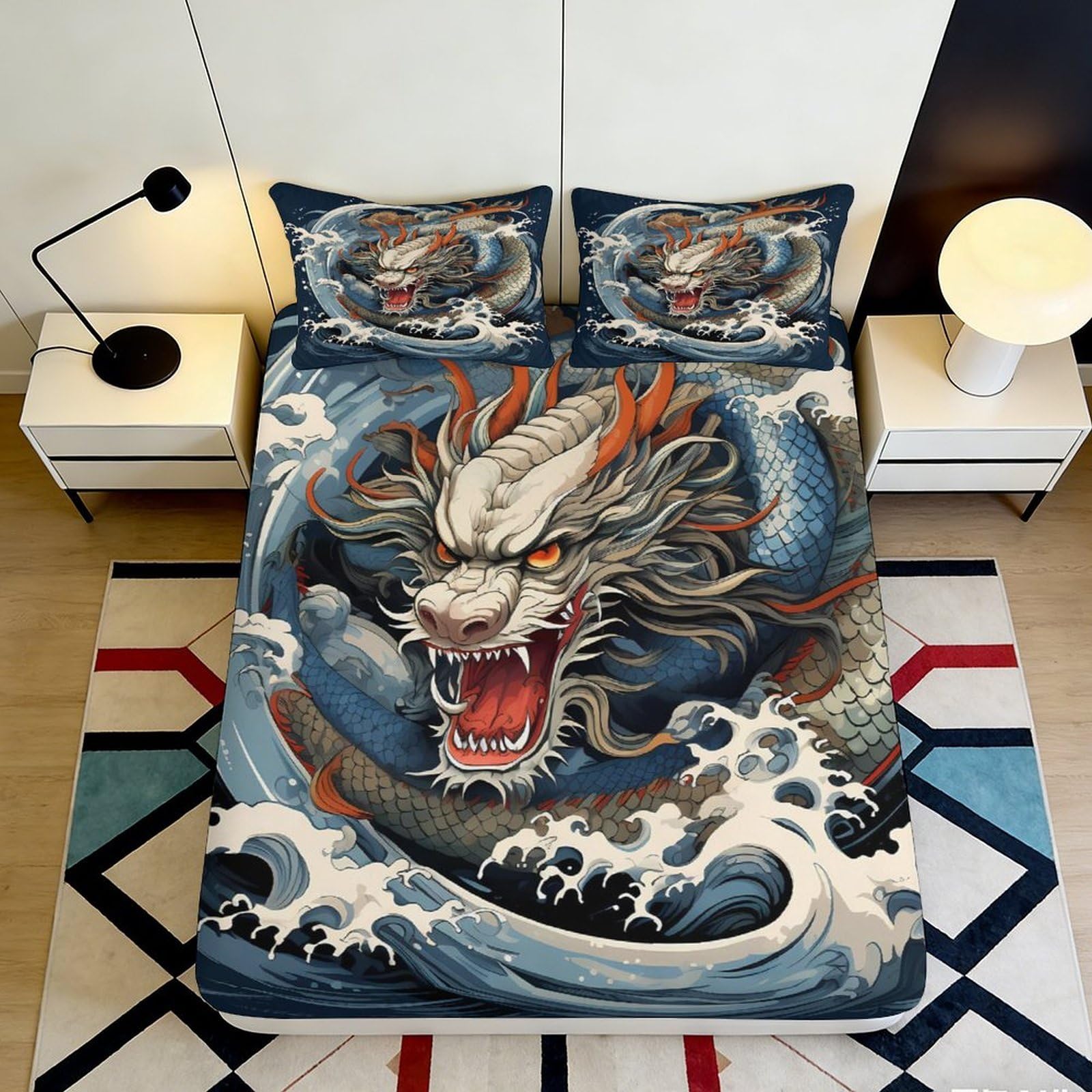 3D Printed Dragon Fitted Sheet Microfiber Durable Soft 3D Printed Wave Mattress Cover for Bedroom Dormitory Guest Room Bedding Decor 160x200x25cm