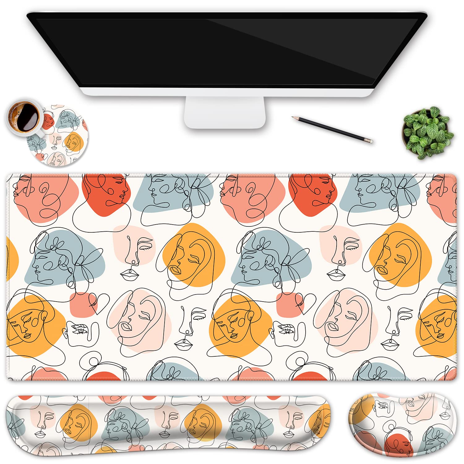 Large Gaming Mouse Pad + Keyboard Wrist Rest + Coaster Set, 4Pcs Ergonomic XXL Desk Pad with Wrist Support Ultra Thick Mousepad Set (35.5x15.8 in) for Home & Office - Abstract