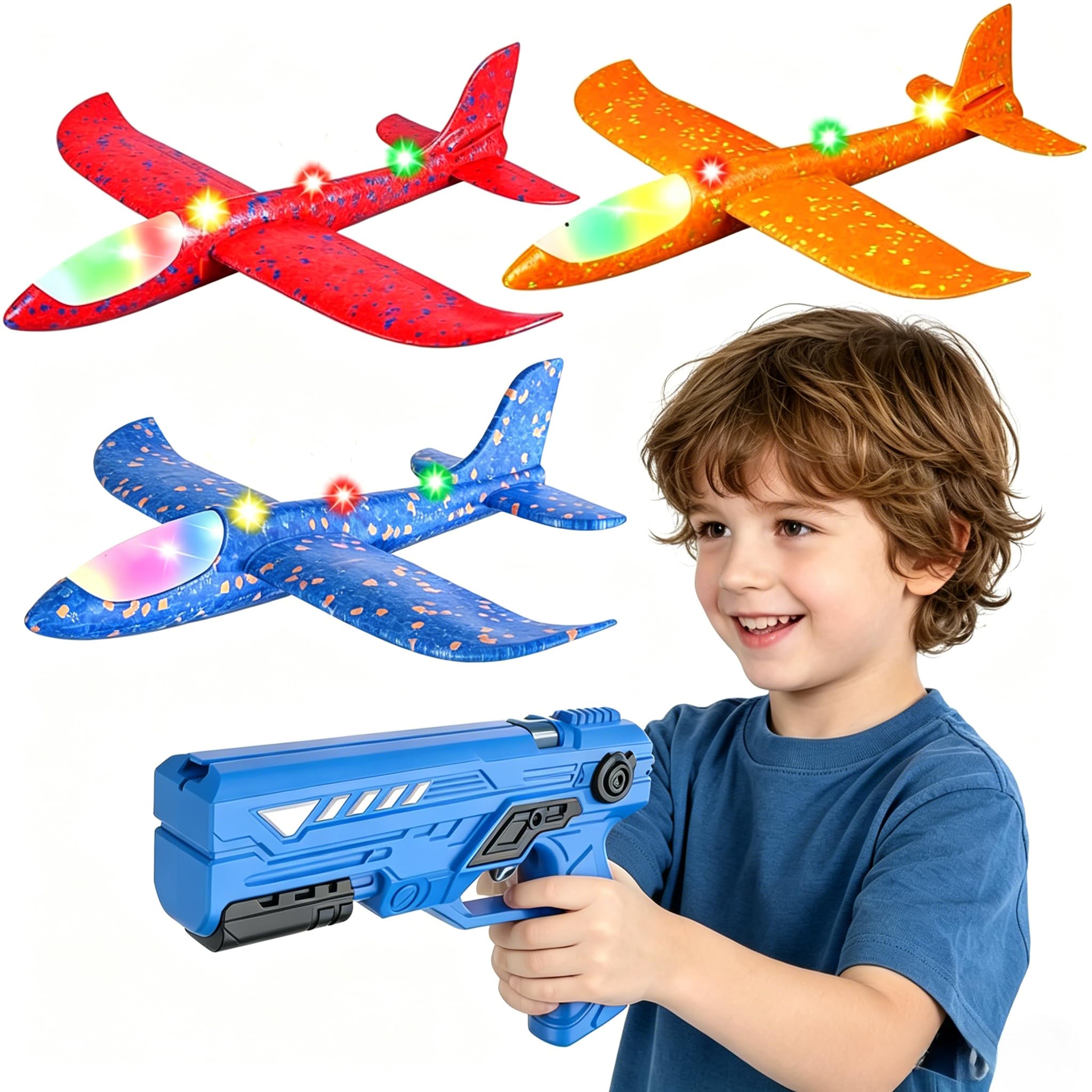 Airplane Launcher Toys, 3 Pack LED Throwing Glider Plane, Catapult Aeroplane Toy with Blue Gun, 2 Flight Modes Outdoor Sport Flying Toys for Kids Age 3 4 5 6 7 8 9 Year Old Boys Fun Birthday Gifts B — image 1
