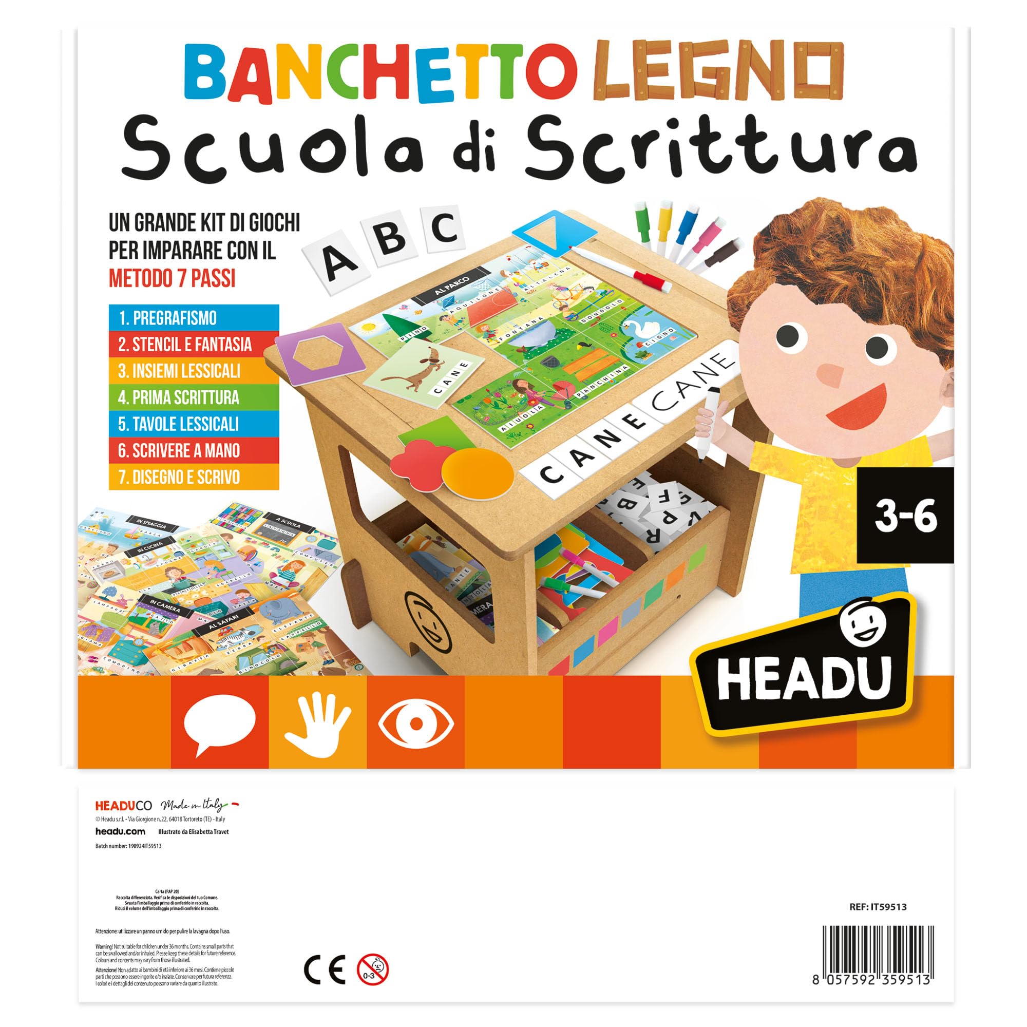 Headu Bankiet drewniany szkoła pisania, rysuję i piszę ponad 100 słów metodą 7 kroków IT59513 gra edukacyjna dla dzieci 3-6 lat, wyprodukowano we Włoszech