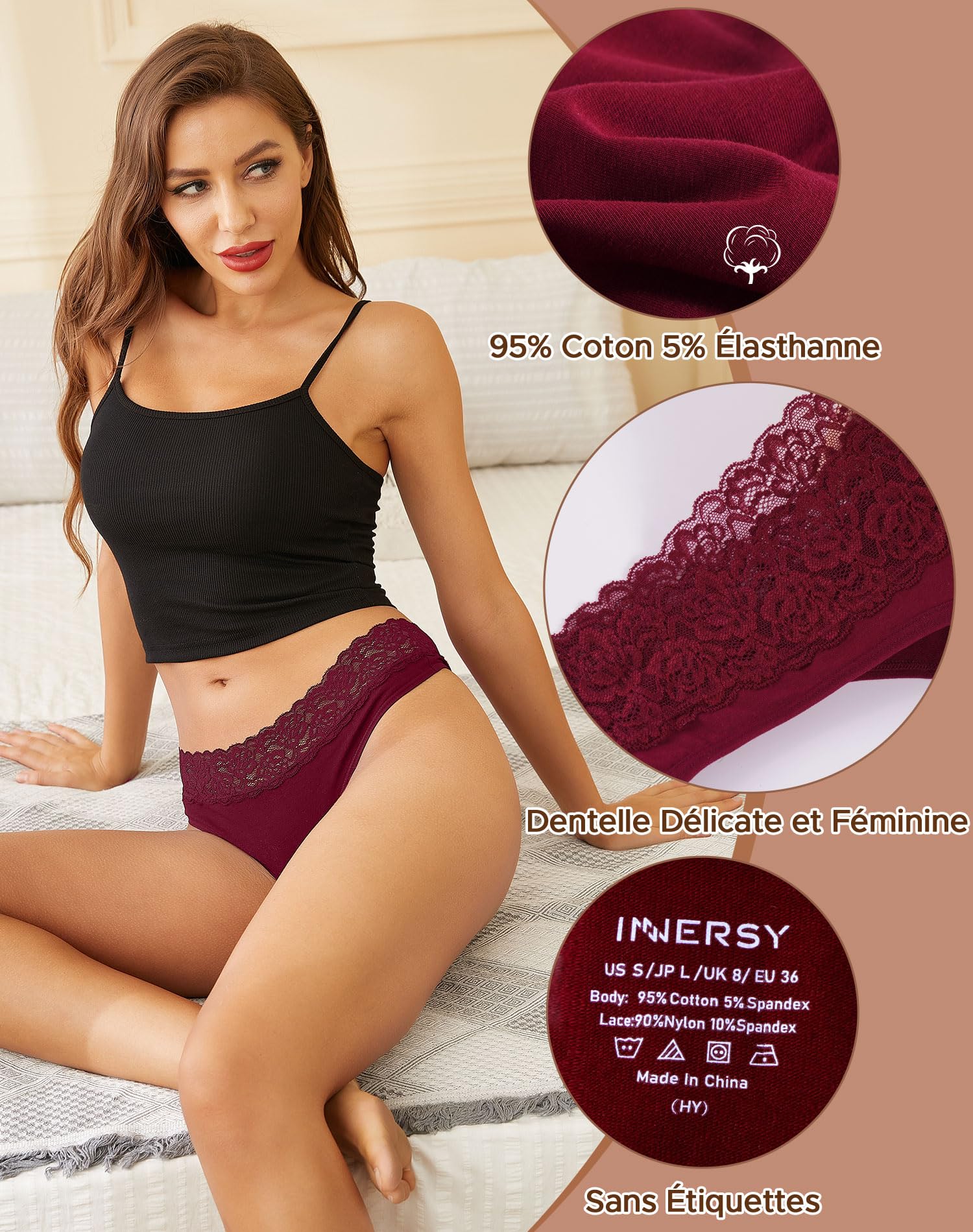 INNERSY Tanga Dentelle pour Femme String Sexy Chic Culotte Coton Stretch sous-vêtements Lot de 6