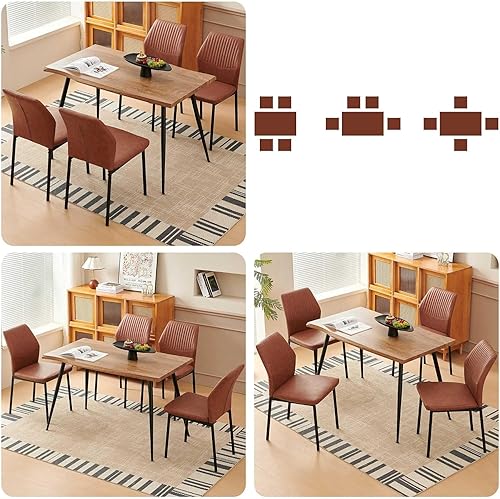 Miniatura 3 de Juego de mesa de comedor para 4, mesa de comedor rectangular irregular de madera moderna, sillas de comedor de cuero, 4 mesas y sillas, juego de 4