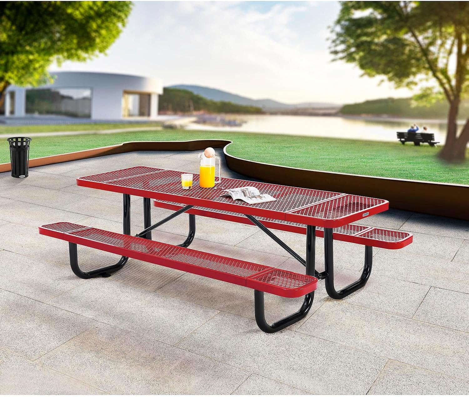 Global Industrial 8’L Rectangular Picnic Table, Expanded Metal, Red Thermoplastic Coating, Attached Benches, 1-1/2” Umbrella Pole Hole, Outdoor-Rated, 1000 lb Capacity, 96” x 30” Tabletop