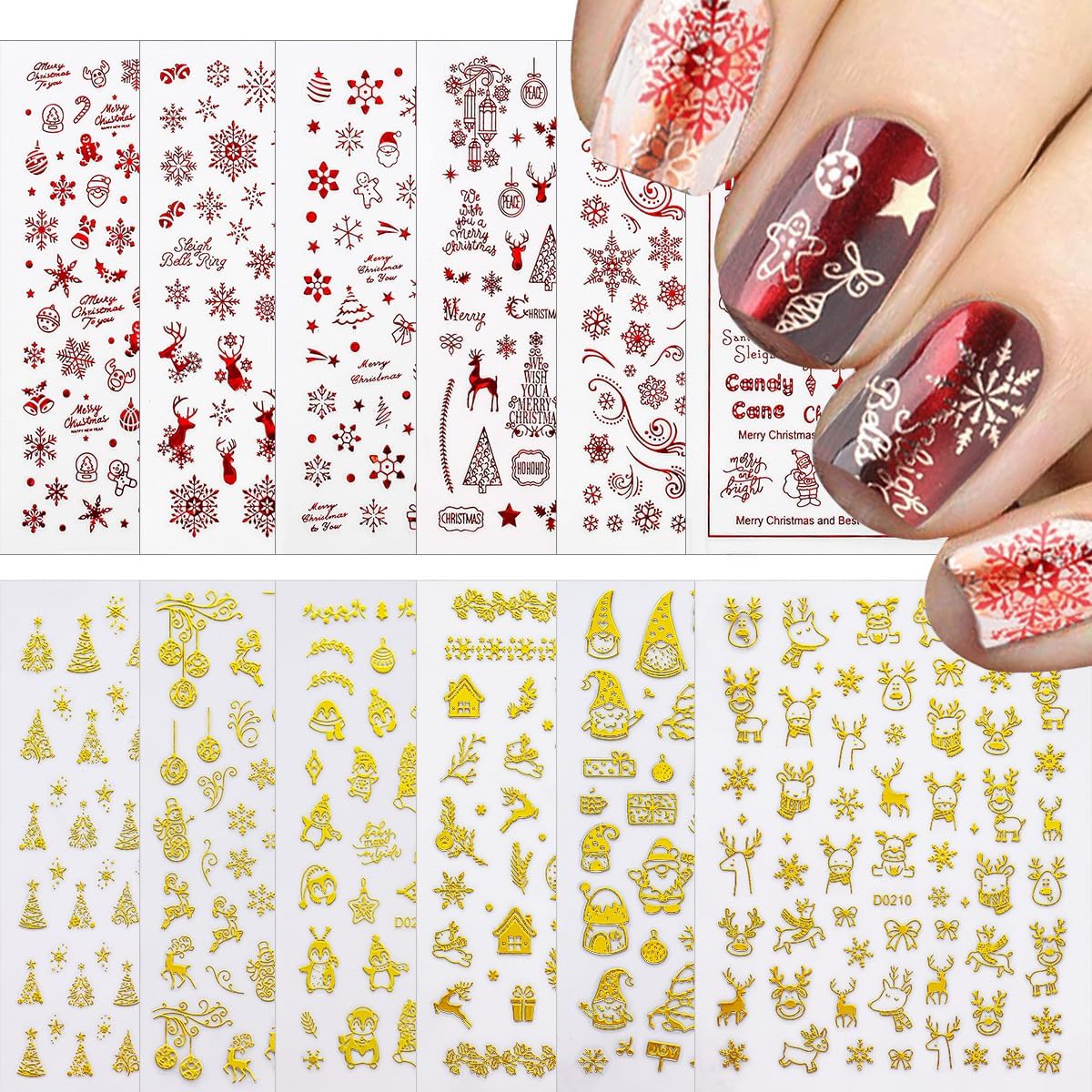12 Sheets Christmas Nail Stickers Gold Nail Decals Snowflake Snowman Elk Tree Santa Claus Nail Art Stickers Designs 3D Self-Adhesive Holiday Xmas Nail Art Decals for Nail Art Manicure Decorations