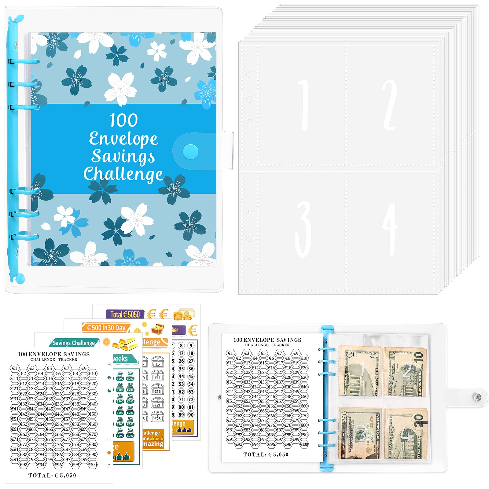 A5 Agenda Risparmio Soldi con Buste Porta Soldi e Tracker Della Sfida, Budget Binder per Risparmia Denaro Challenge - Blu