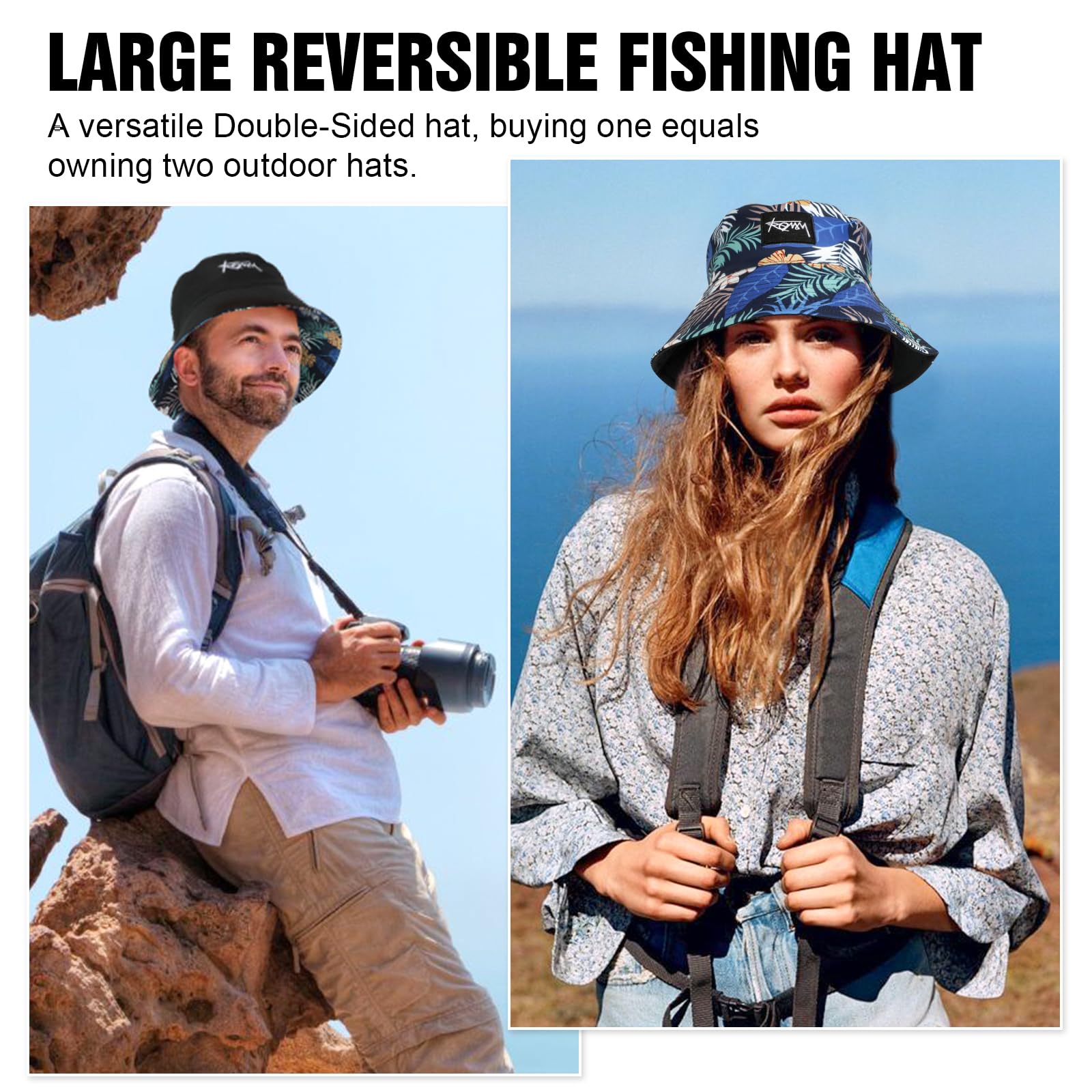 Sombrero de Pescador Reversible XXL Unisex, Moda Tamaño Grande ala Ancha Algodón Sombrero de Sol al Aire Libre, Plegable Gorra de Pesca Bucket Hat Playa al Aire Libre Viaje Hombres Mujeres 54-65