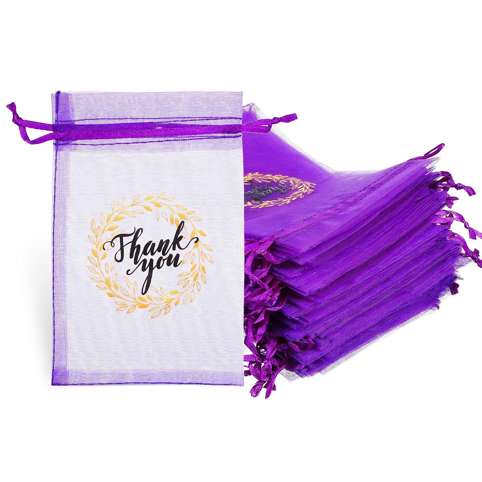 100 Pcs Dark Purple Thank You Organza Gift Bags Bulk 4x6 Inch, Drawstring Favor Pouches for Wedding Party Favors, Baby Shower Candy, Easter Treat,