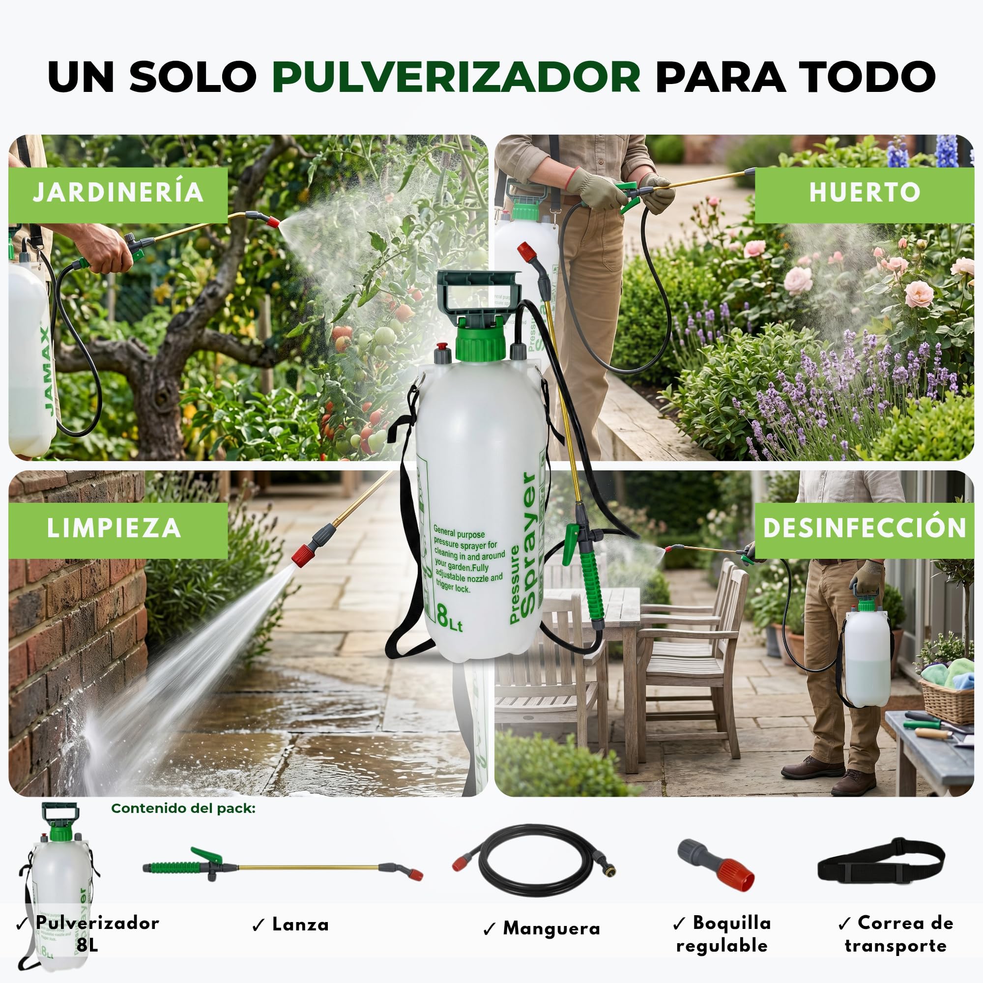 Pulverizador a presion de Agua 8L para Plantas JAMAX – Botella Pulverizadora Presión Manual, Ideal para Jabón Potásico, Herbicida y Cuidado de Jardín | Sulfatadora Manual (8 litros)