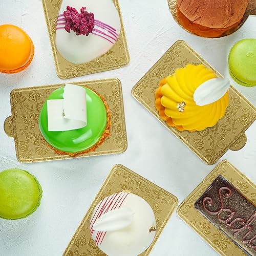 Miniatura 4 de Lainrrew Mini tablas para tartas, 200 unidades, triangulares, doradas, cartón, estampado floral, aptas para alimentos, a prueba de grasa, resistente