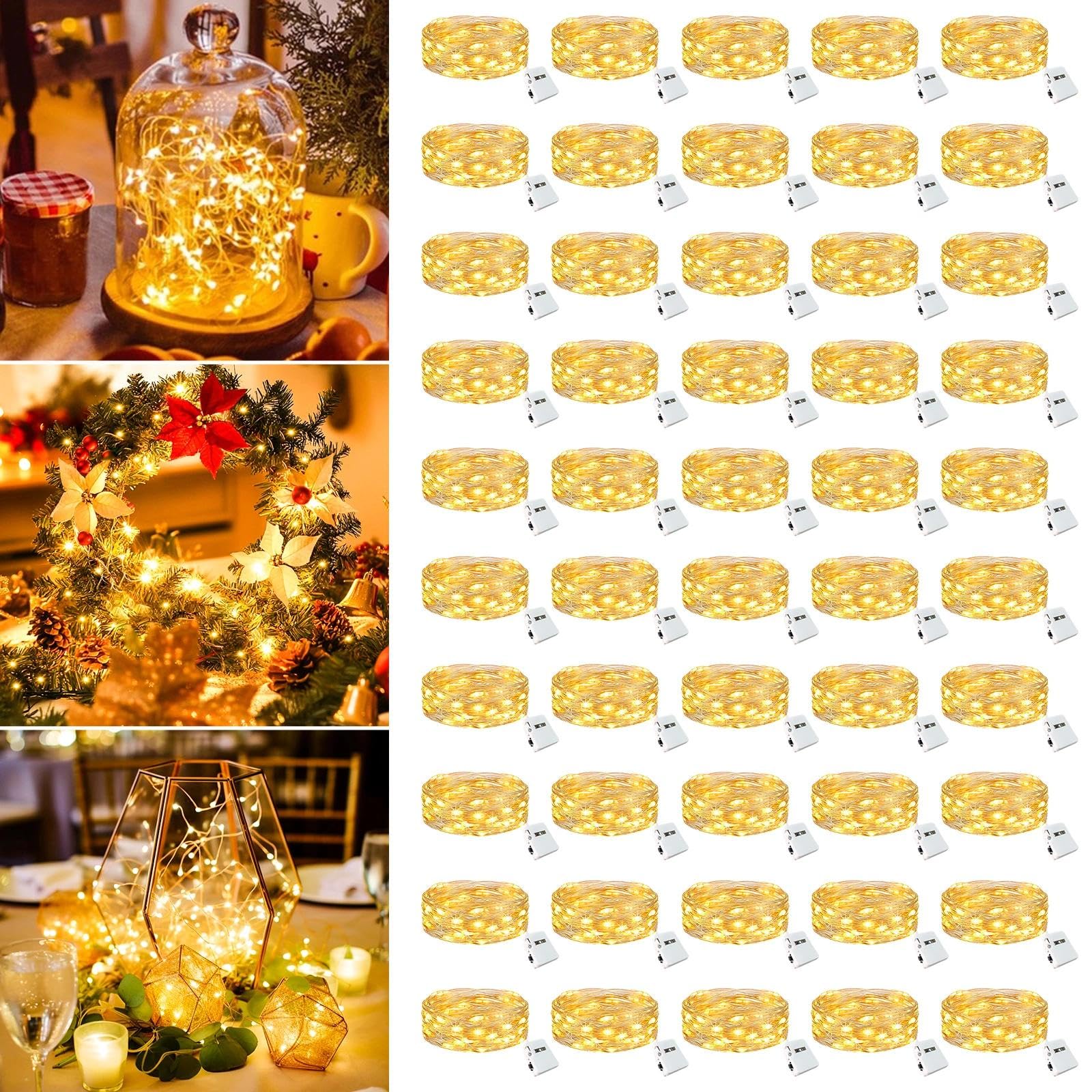 Lichterkette, batteriebetrieben, 2,1 m, 20 LEDs, 3 Modi, Mini-Lichterkette, wasserdicht, für Einmachgläser, Vasen, DIY, Party, Hochzeit, Dekoration, Weihnachten, Warmweiß, 50 Stück