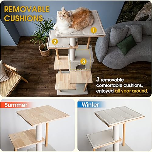 Miniatura 4 de MWPO Árbol moderno para gatos torre de madera de lujo de 63 pulgadas para gatos de interior perchas grandes con cojines suaves condominio para gatos