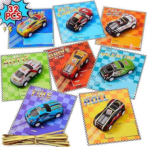 Miniatura 1 de Regalos del día de San Valentín para niños, tarjetas del día de San Valentín para la escuela de niños, juego de 32 autos de carreras fundidos a