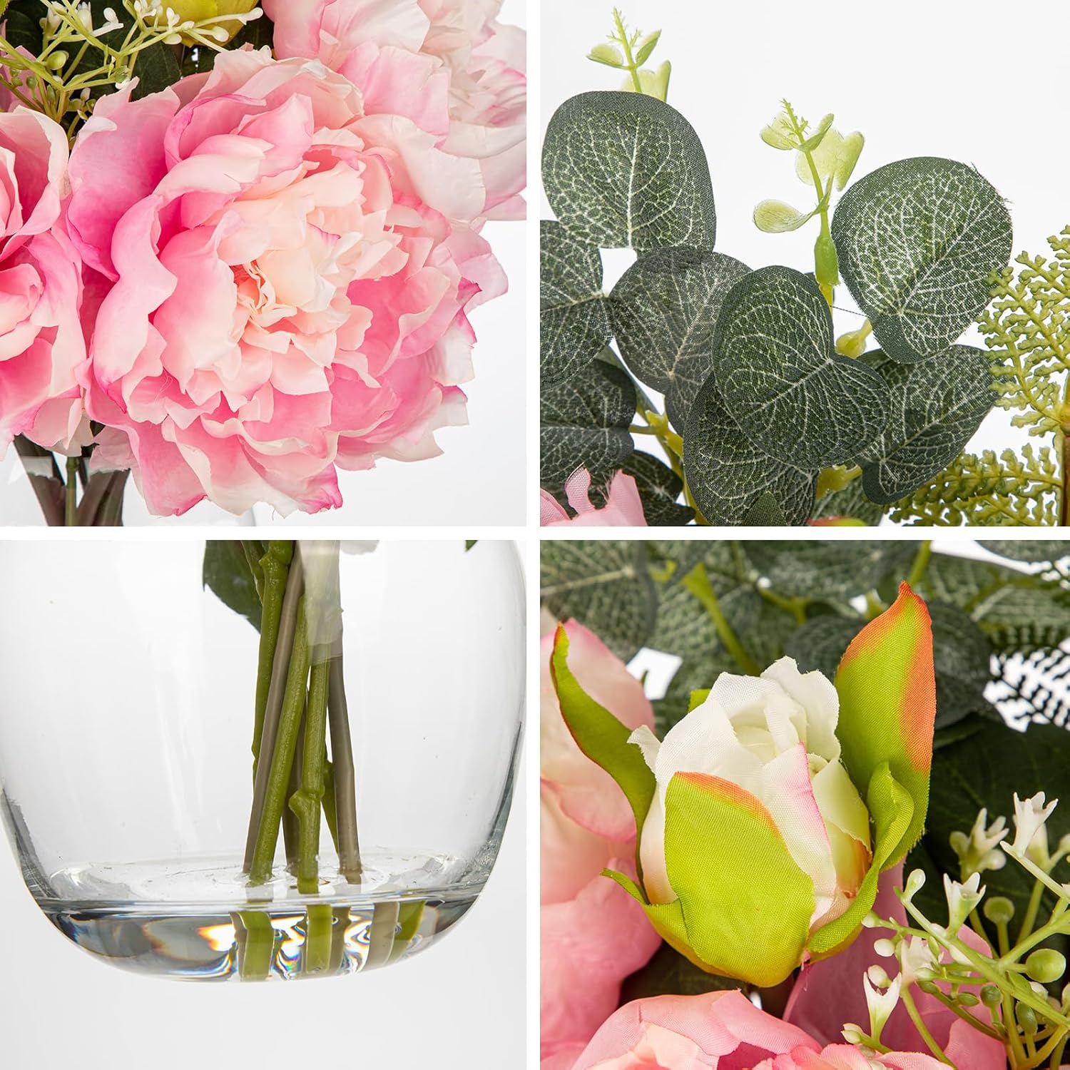 Hollyone Fake Flowers in Vase Pink Peonies Artificial Flowers Peony Bouquet Silk Flower Floral Arrangements with Glass Vase with Faux Water for Home Decor Bathroom Coffee Table Centerpiece Decorations