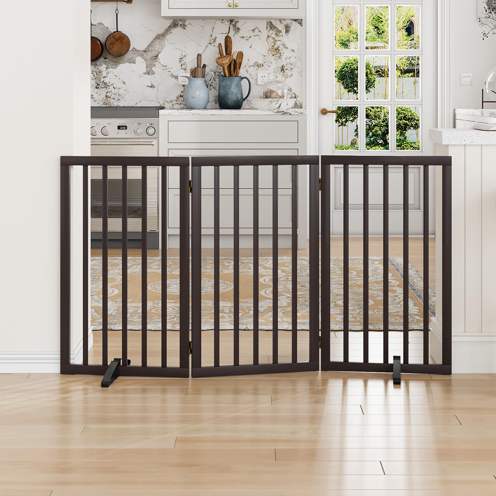 Mino Kesper Dog Gate for Doorways 32" Tall Freestanding Dog Gate for Stair Foldable Pet Gate for Dogs Indoor (Brown,3 Panel)