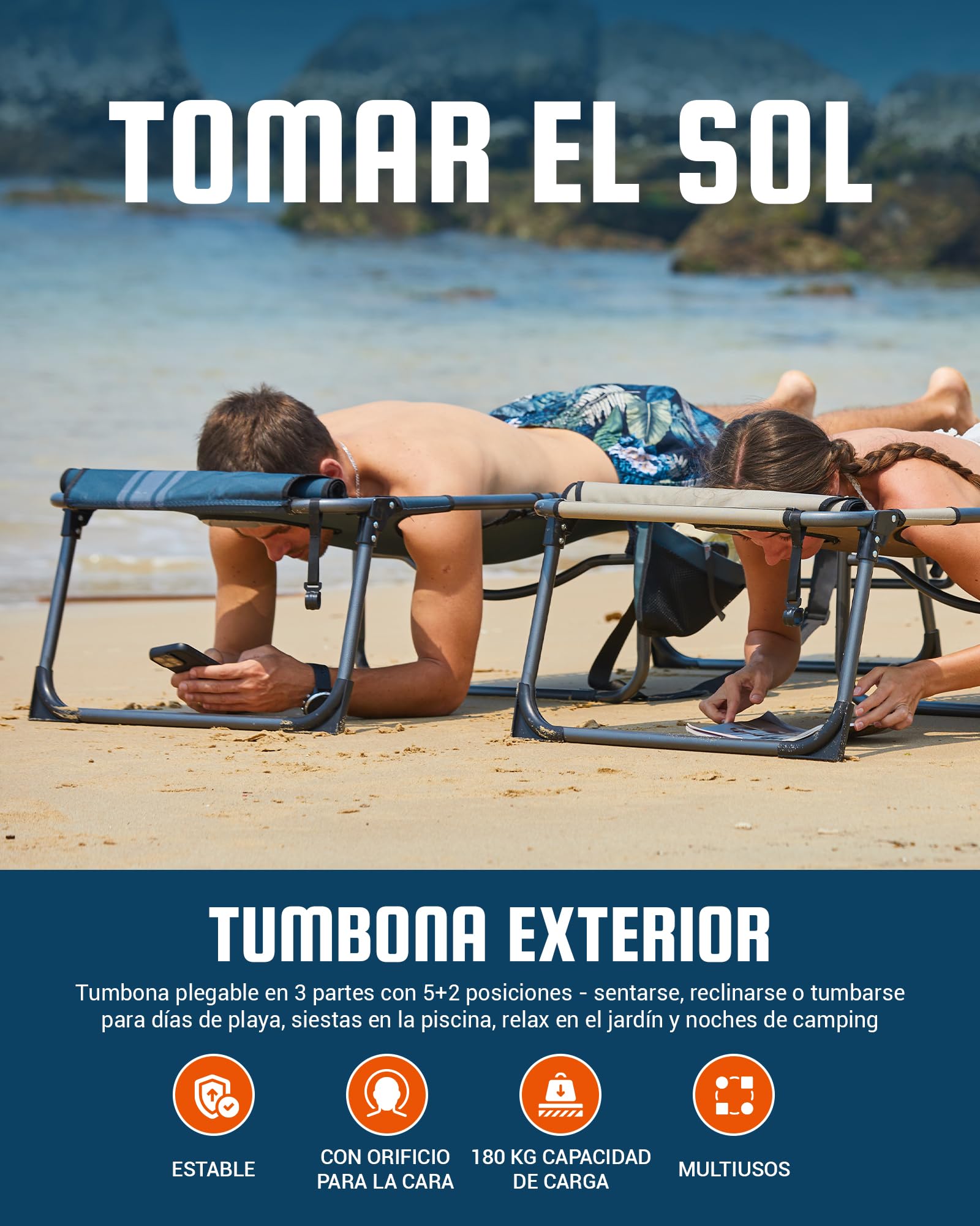 KingCamp Tumbona Plegable con Agujero para Lectura, Respaldo Ajustable 5 Posiciones, Silla Reclinable de Jardín con Correa, Cama Solar Portátil para Playa Terraza Piscina Camping Cama Supletoria