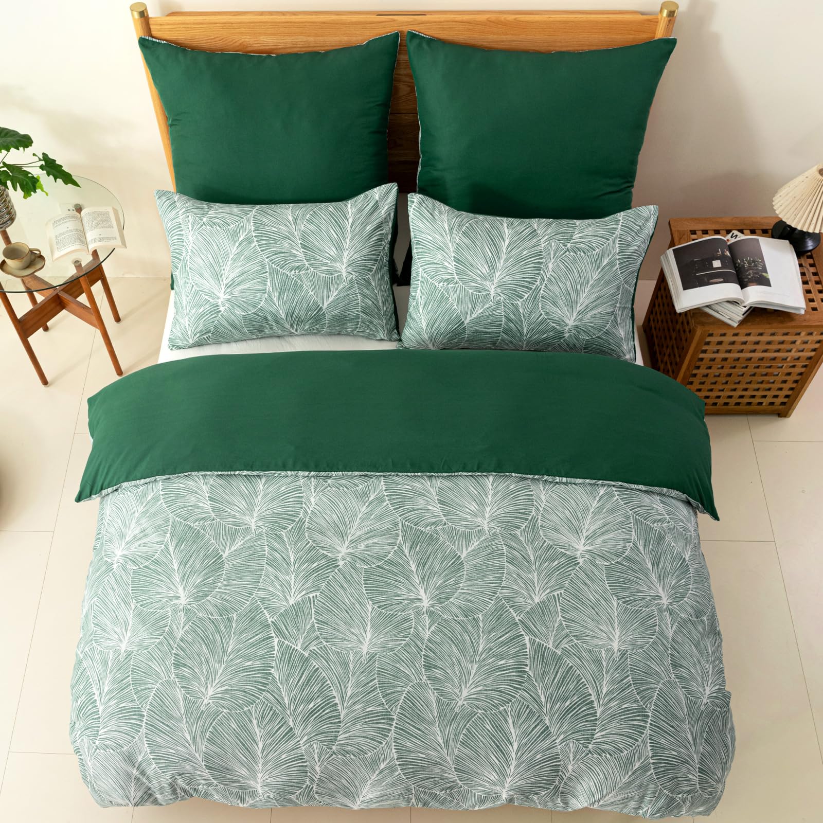 Tokokimo Set Copripiumino Matrimoniale 260x240 cm, Copripiumino Matrimoniale 3 Pezzi in Microfibra Con Motivo a Ramoscelli e Foglie, Comprendente 1 Copripiumino 260x240 + 2 Federe 50x80, Verde Scuro