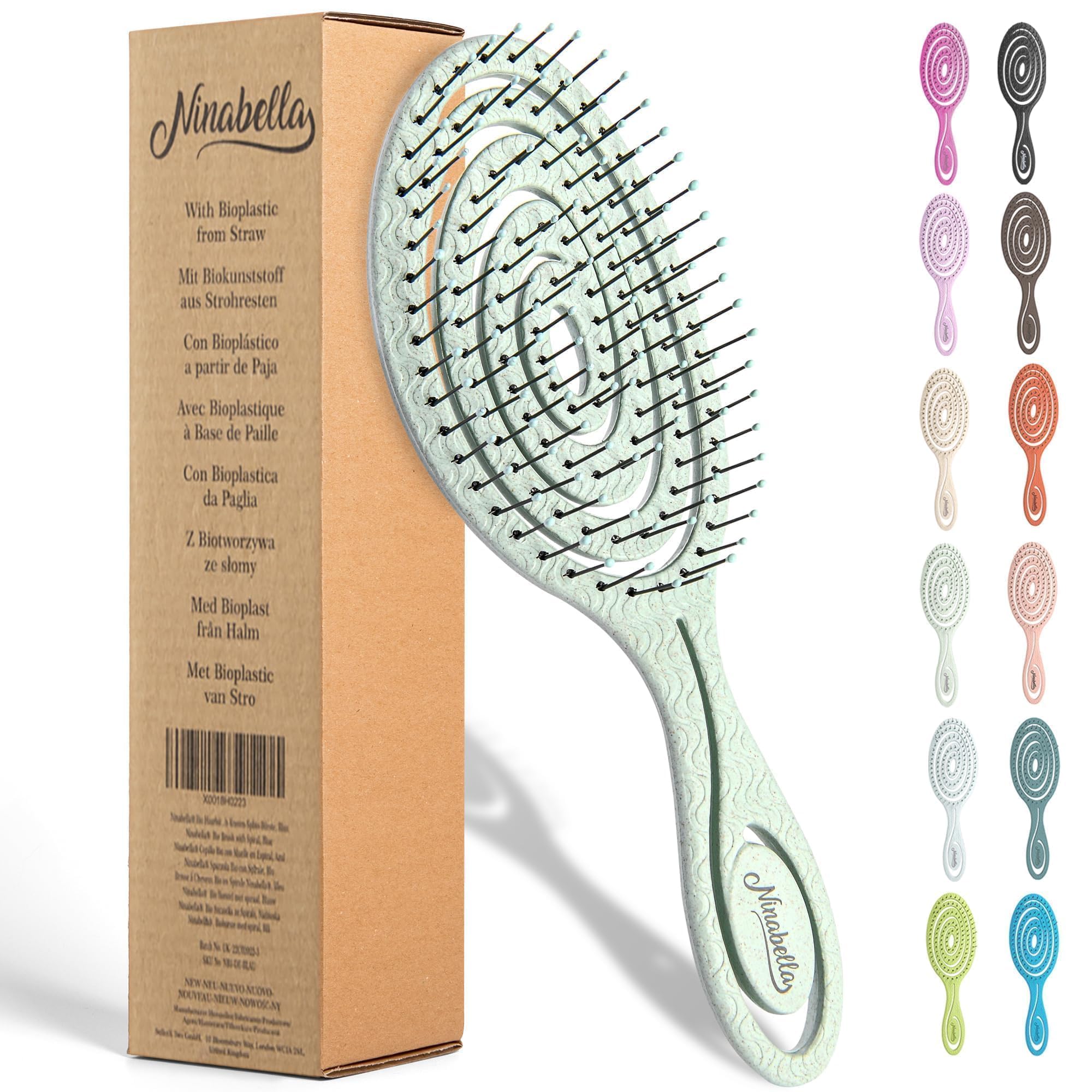 Ninabella Detangle Hair Brush for Women & Men - Does not Pull - Straightening Brushes for Straight & Curly Hair - Unique Spiral Detangling Hairbrush - GreenGlobal Recycled StandardGlobal Recycled StandardGlobal Recycled Standard