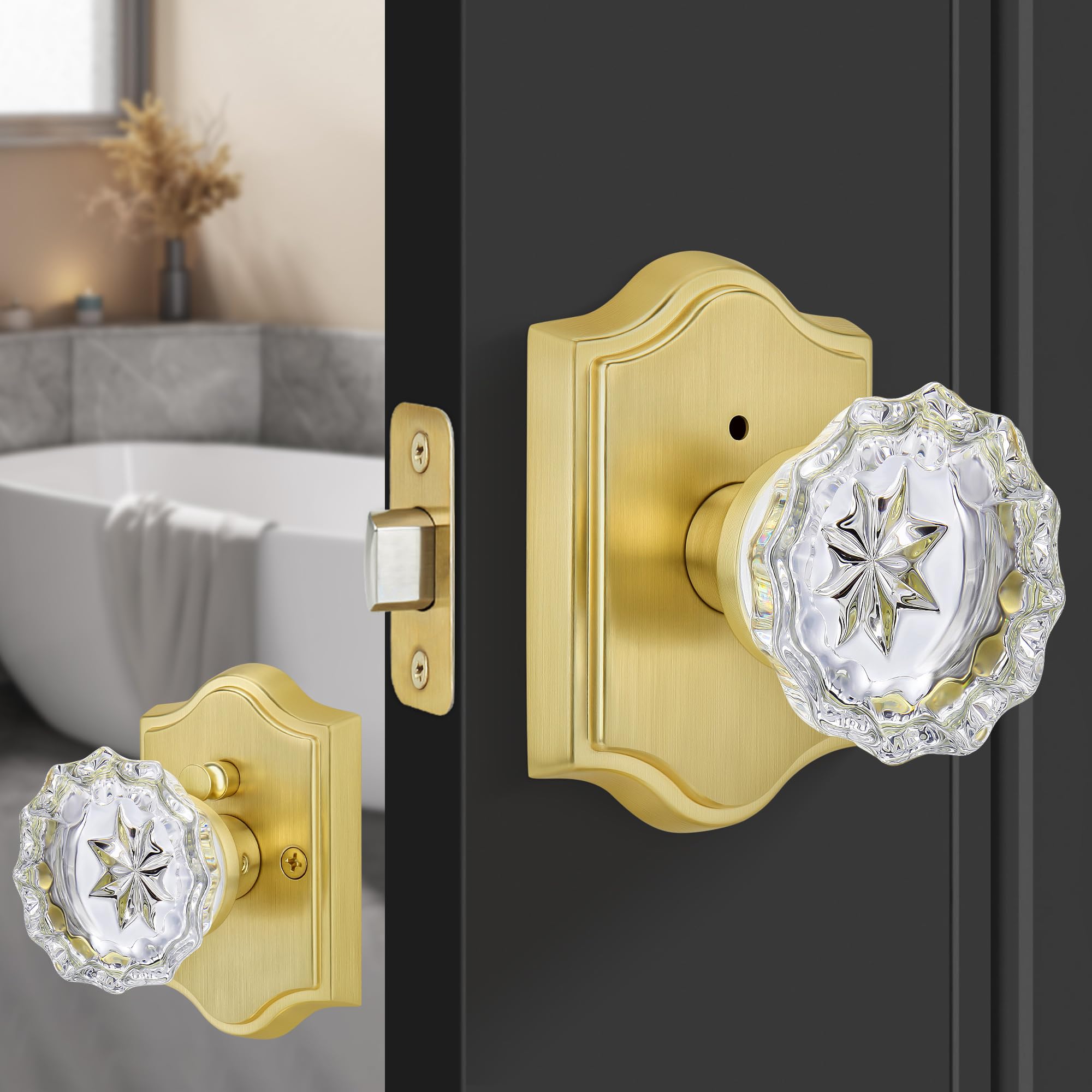 Vintage Crystal Door Knob - Satin Brass Privacy Lock -9