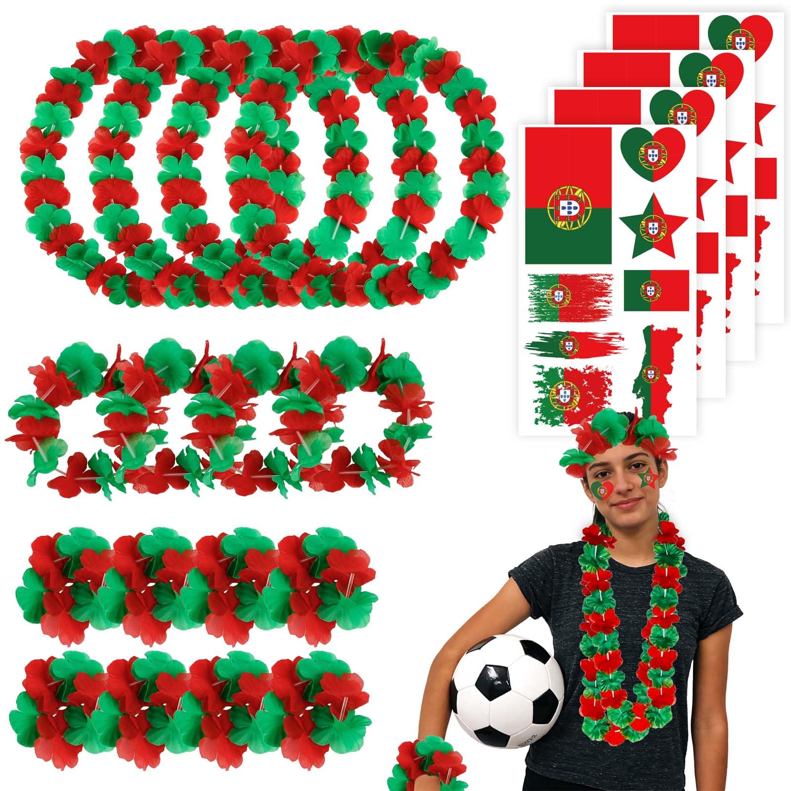 Pack of 20 Portugal Fan Item Flower Chain, Hawaiian Fan Set Portugal: 4 x Chains, 4 x Headbands, 8 x Bracelets & 4 x Stickers Portugal Euro Football Euro Fan Photo Props Flower Chain โ image 1