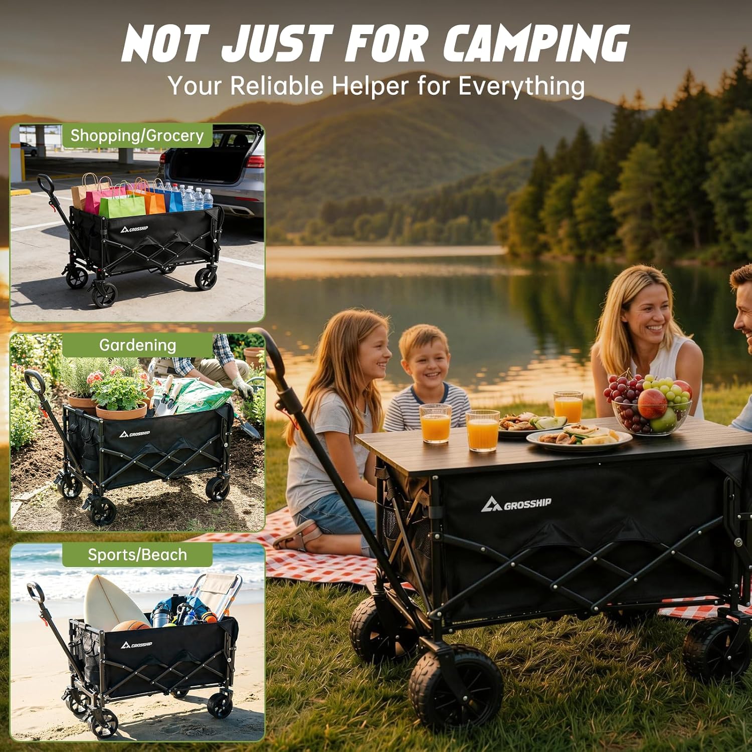 Collapsible Wagon Cart with Drop-Down Tailgate, 150L Heavy Duty Foldable Garden Cart 330 lbs Capacity, All-Terrain Wheels Utility Wagon for Beach, Camping, Long Items & Pet Transport