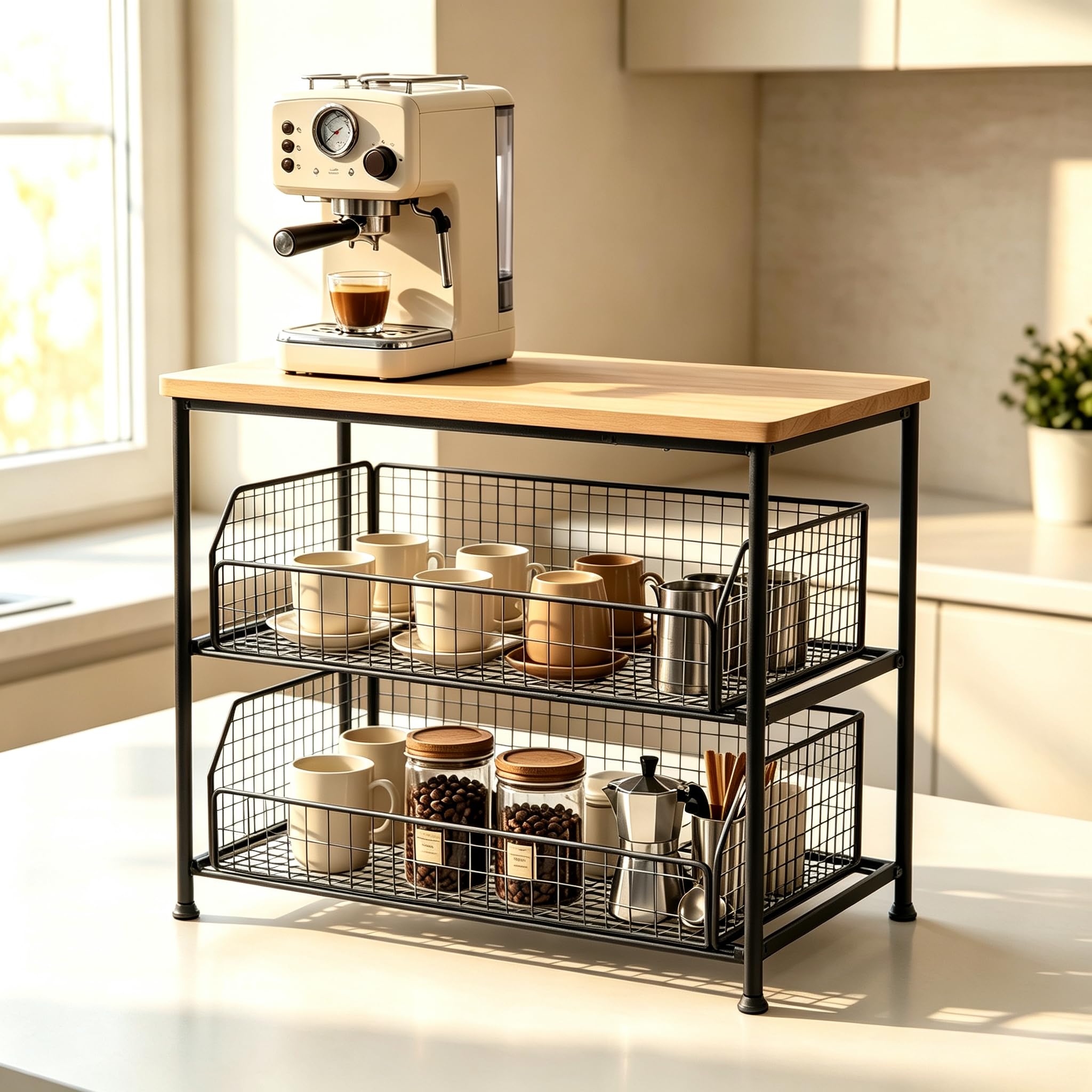 Espressomaschinenständer zweistöckig, Schwarz | Ausziehbarer Gitterkorb, Kaffeebar Organizer, Für Espressomaschine, Miniofen, Luftfritteuse, Holzplatte & Metallgestell