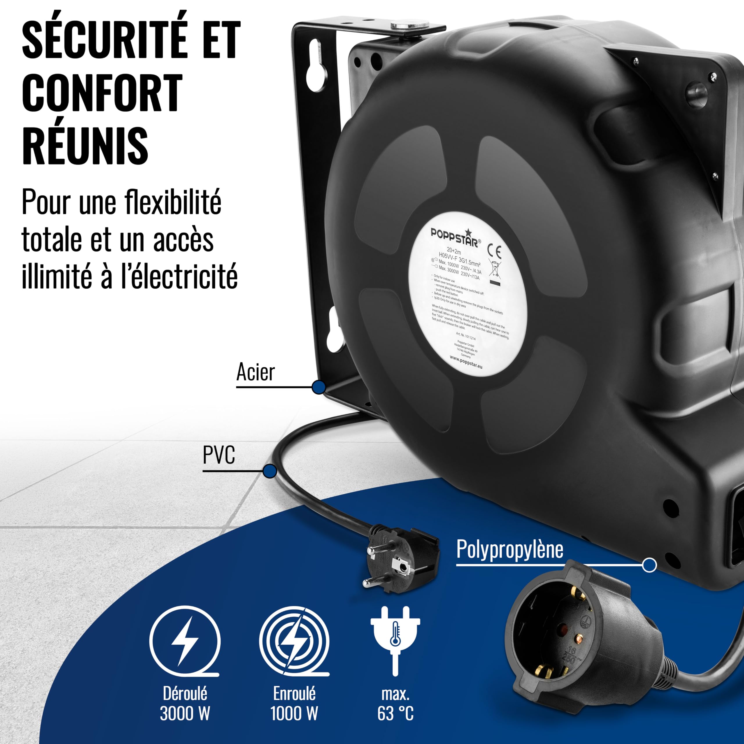 Poppstar Enrouleur de câble électrique automatique 20m + 2m (max. 3000W) Tambour de câble automatique auto-enroulant IP20 avec interrupteur thermique