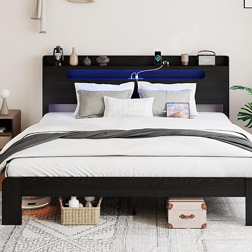 Miniatura 8 de SAMTRA Base de cama matrimonial con cabecero de madera y plataforma de madera, cama rústica con soporte de listones de madera, resistente y sin