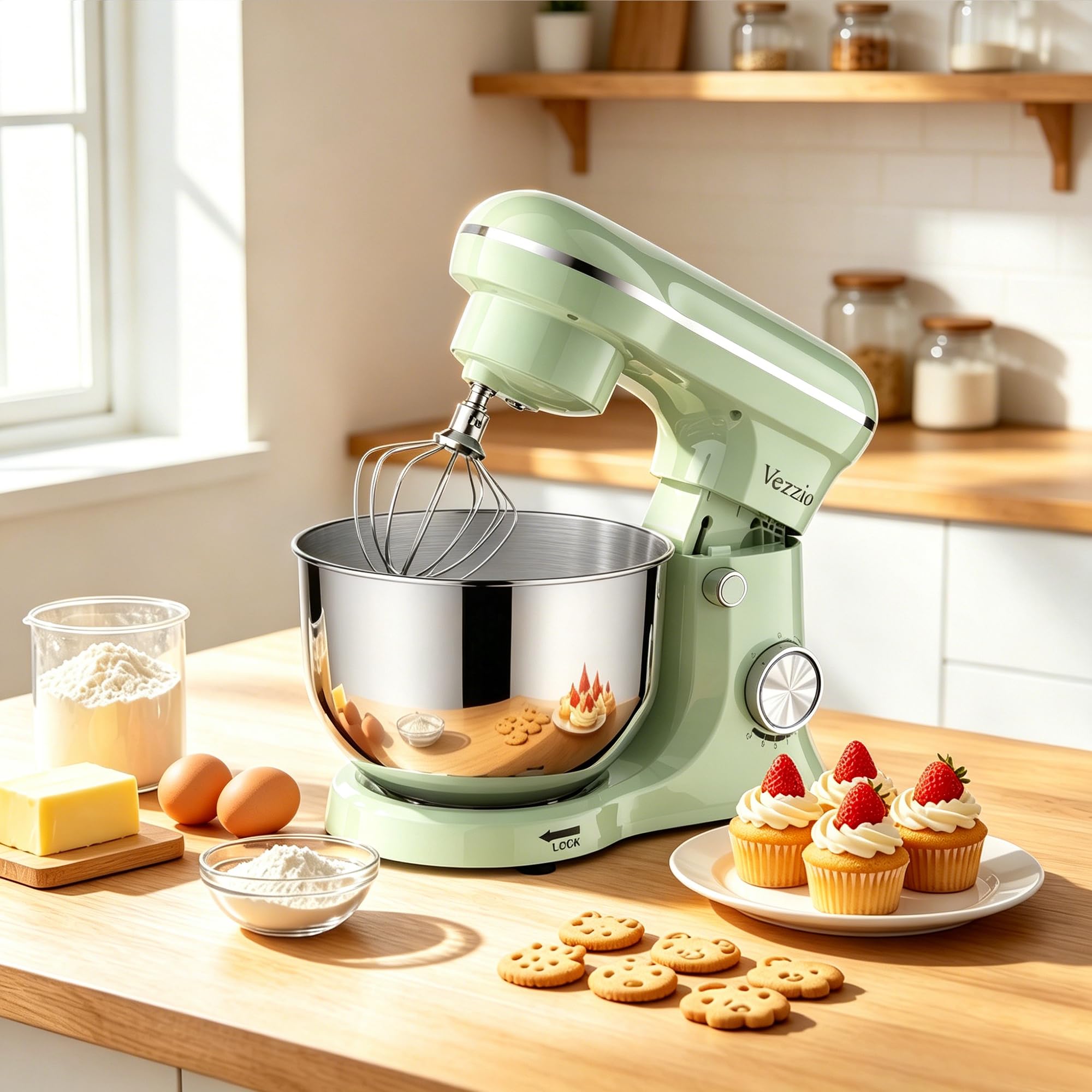 Vezzio Batidora Amasadora de Repostería 1500W, Doble Cuenco de Acero Inoxidable (5 QT y 6 QT), 10 Velocidades, con Batidor, Gancho y Varilla Plana, Ideal para Cocina y Repostería en Casa(Verde)