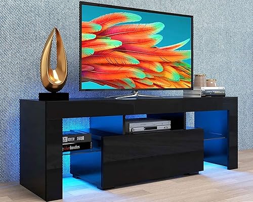 Goujxcy Soporte de TV LED para televisores de 65 pulgadas, centro de entretenimiento de alto brillo con cajones de almacenamiento, mesa de consola