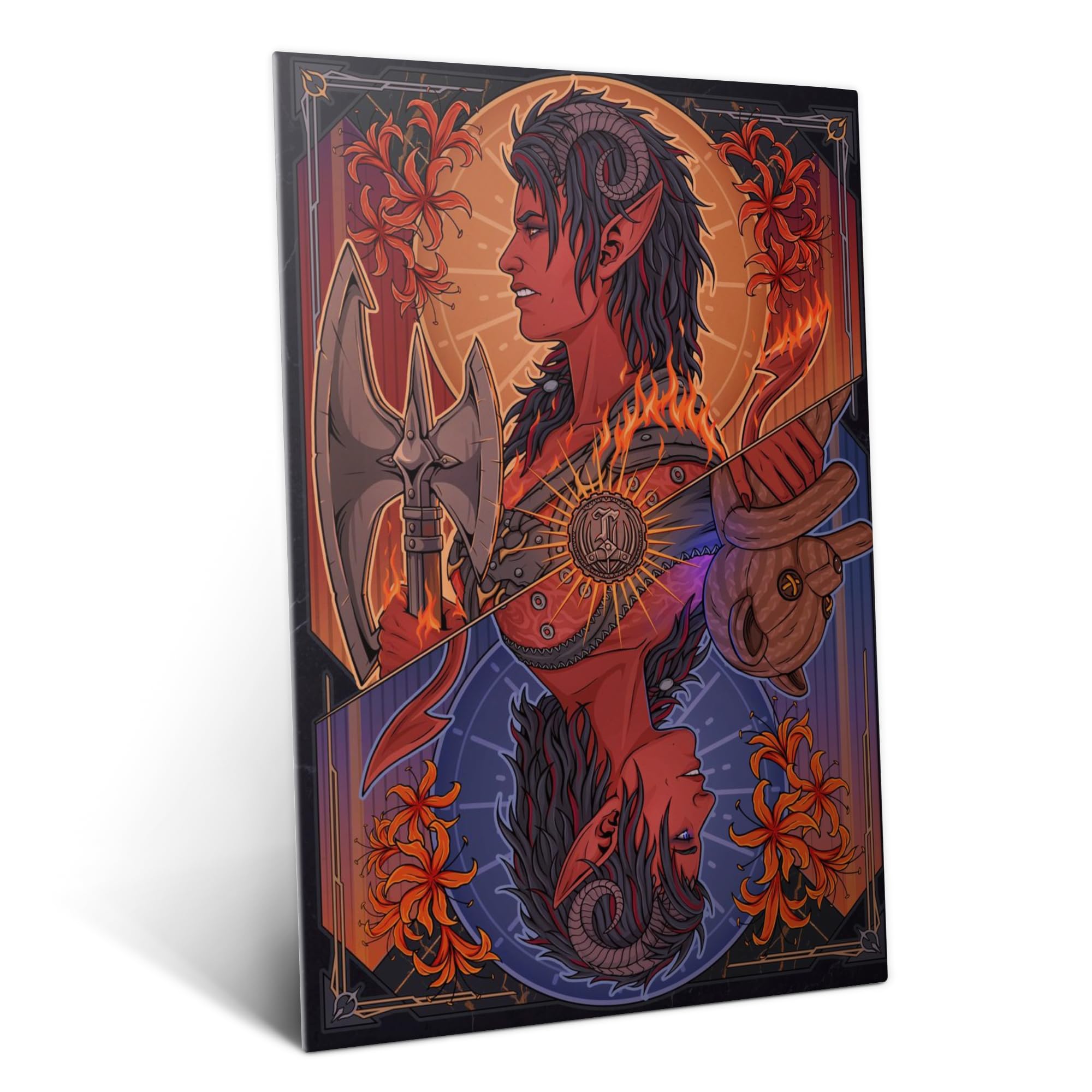 Displate Metallposter Dungeons And Dragons Karlach Duality Card Wanddeko Poster für Schlafzimmer Magnetische Befestigung 32 x 45 cm
