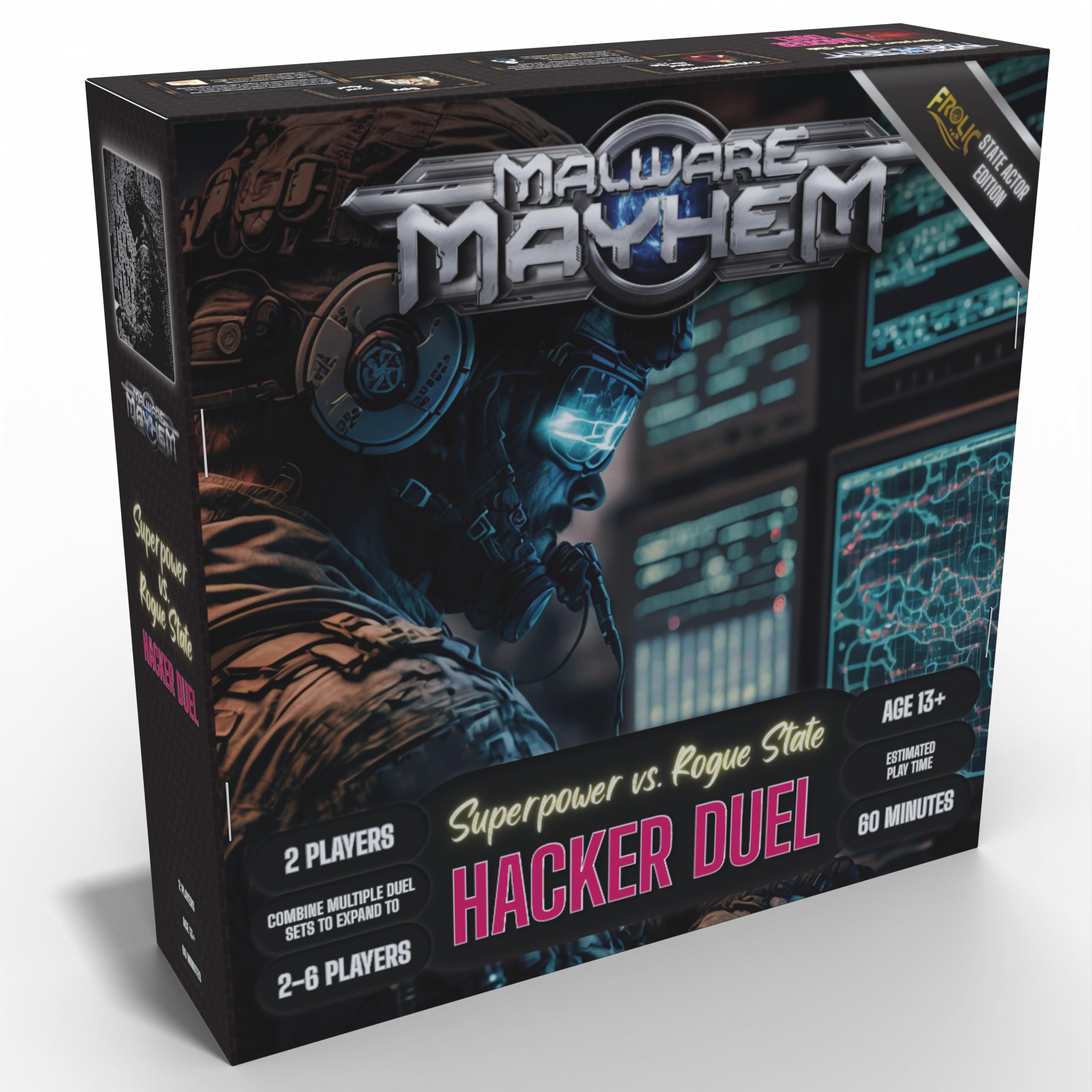 Frolic Malware Mayhem Hacker Duel, State Actor Edition Board and Card Game, Superpower vs. Rogue State Hackers, 2-Player, Age 13+, 60 Minutes
