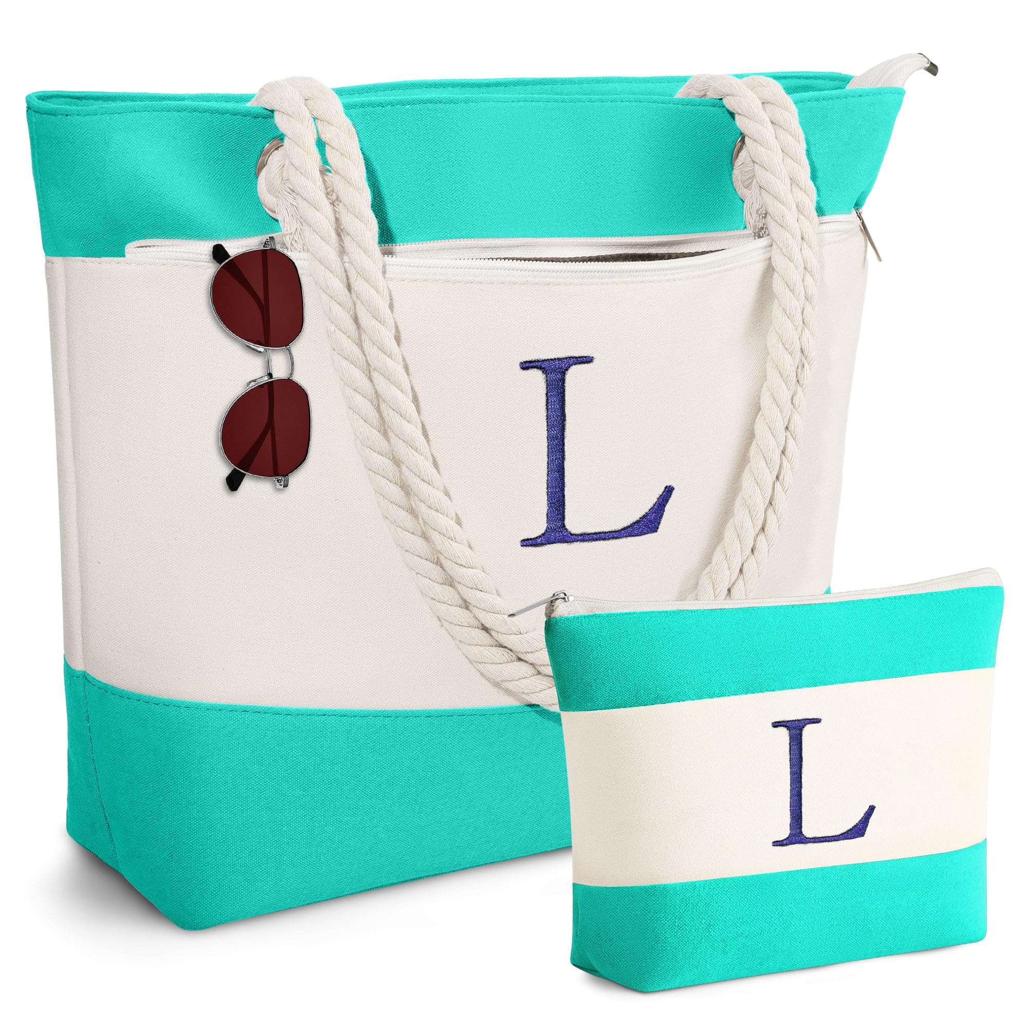 YOOLIFE Christmas Gifts for Women - Personalized Initial Canvas Beach Bags for Women Gifts for Mom Teacher Friend Birthday