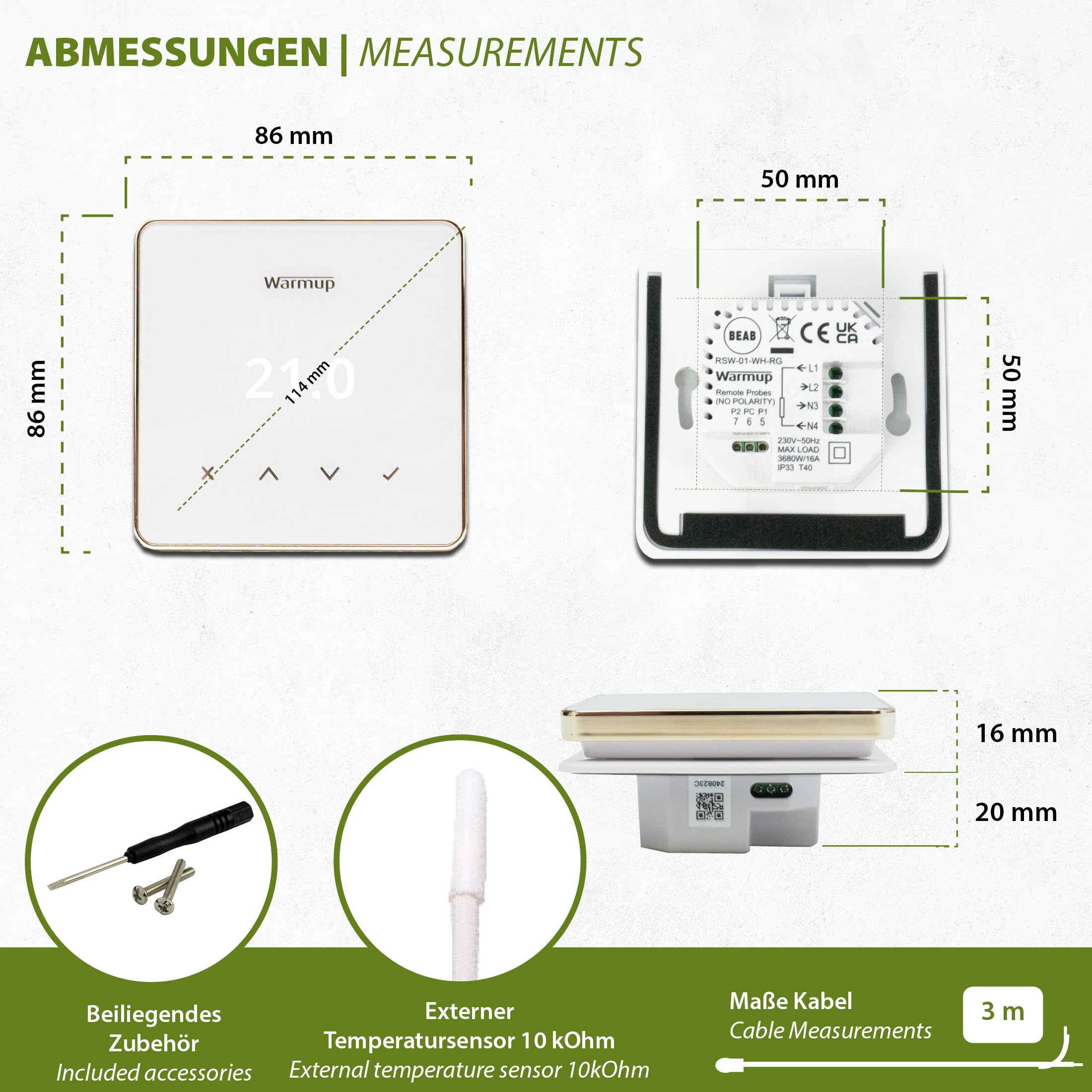 Warmup Element Smart WiFi Thermostat pour Chauffage au Sol et Électrique, Blanc