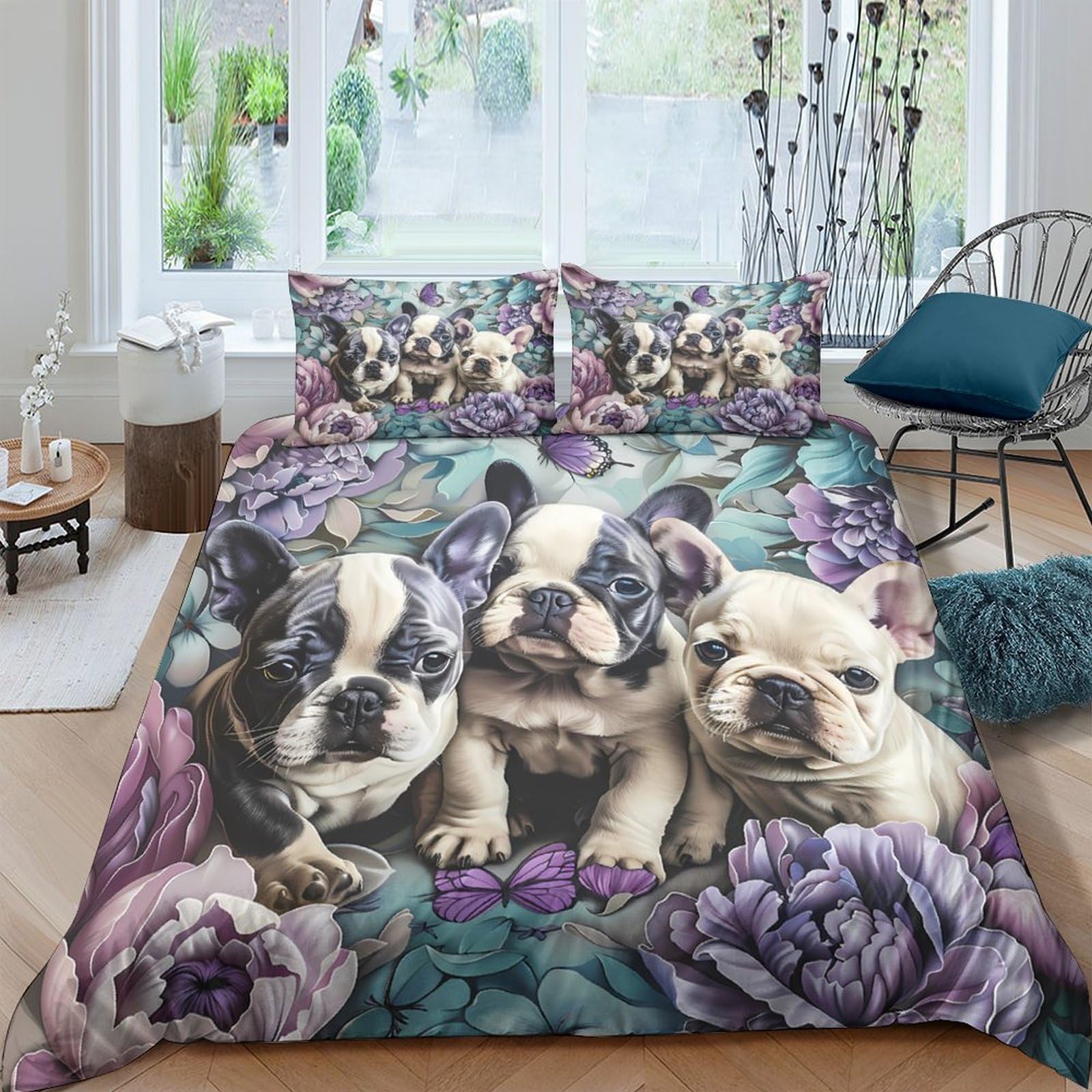 GPLZQXKJNH 3D Printed French Bulldog Floral Duvet Cover Set Microfiber Soft Breathable Quilt Cover with 2 Pillowcases for Bedroom Decor Single（135x200cm）