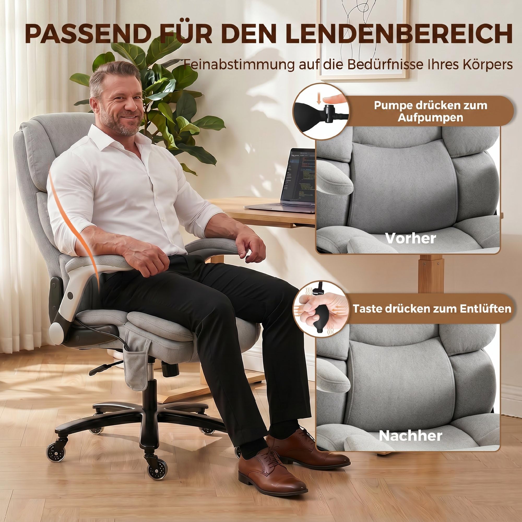 HOMCOM Bürostuhl Ergonomischer Chefsessel Wippfunktion 180 kg Hellgrau | Hochklappbare Armlehnen, Breiter XXL Sitz, Höhenverstellbarer Schreibtischstuhl, Airbag-Lendenstütze, Drehstuhl