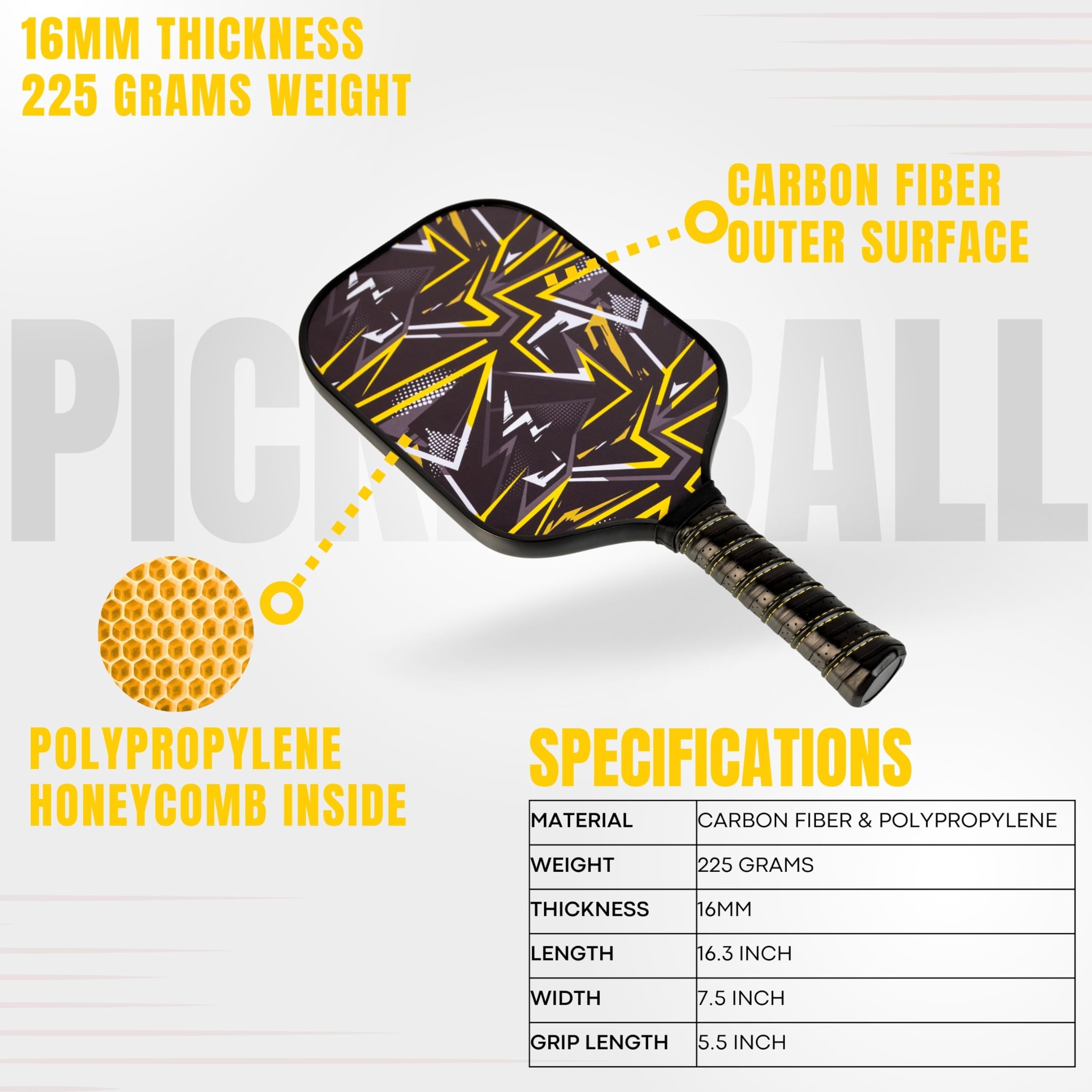Everhype Thermoformed Carbon Fiber Pickleball Paddle β 16mm Honeycomb Core | 220g Lightweight Pro Control Racket | T700 Carbon Face for Spin | Intermediate & Advanced Players (Advanced)