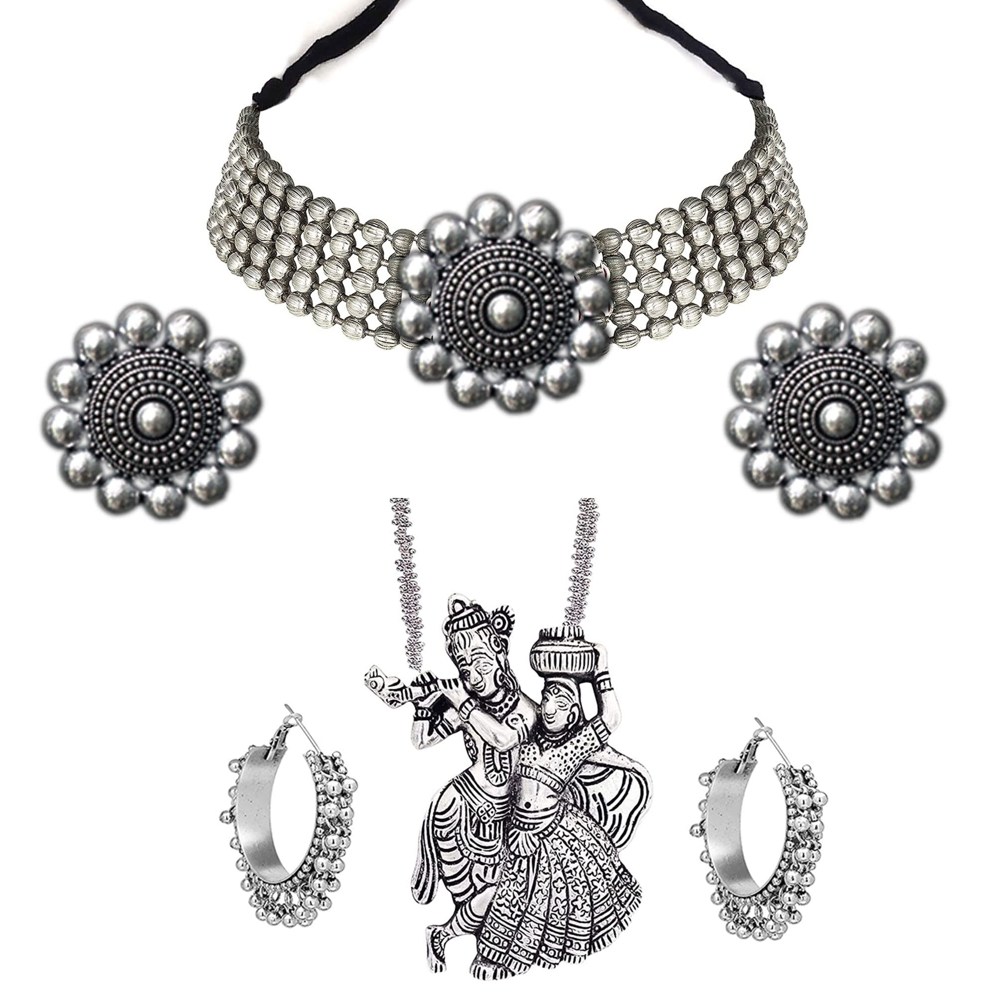 YOTOG 2 Jewellery Set Combo of Trendy Stylish Fancy German silver Antique Beads Choker and Radha Krishna Chain Pendant Necklace Set with Earrings, Alloy Brass Necklace Set for Women and Girl (B09YHNX6JZ) Amazon Price History, Amazon Price Tracker