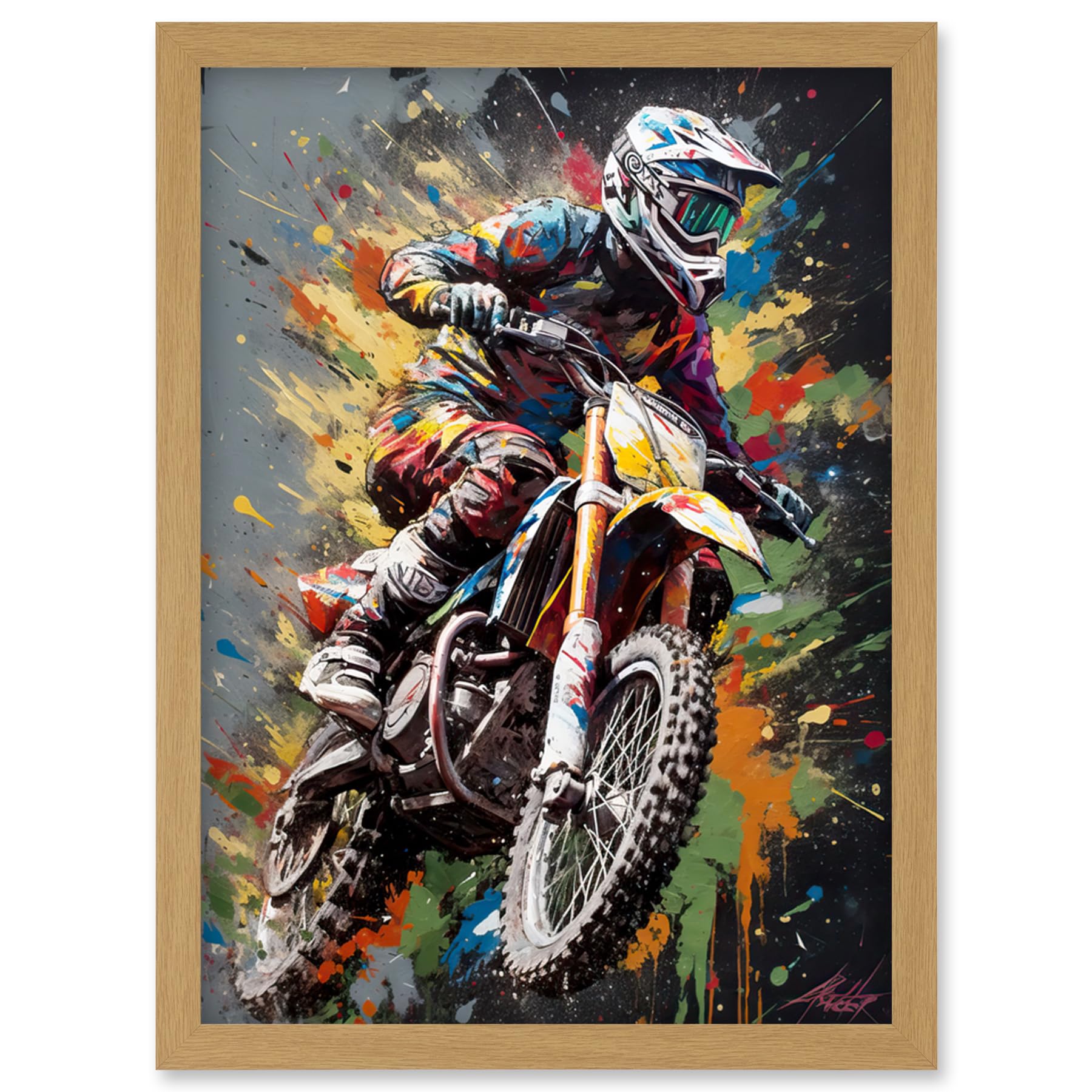 Artery8 Dirt Bike Sport Splatter Paint Motocross Rider Artwork Framed Wall Art Print A4