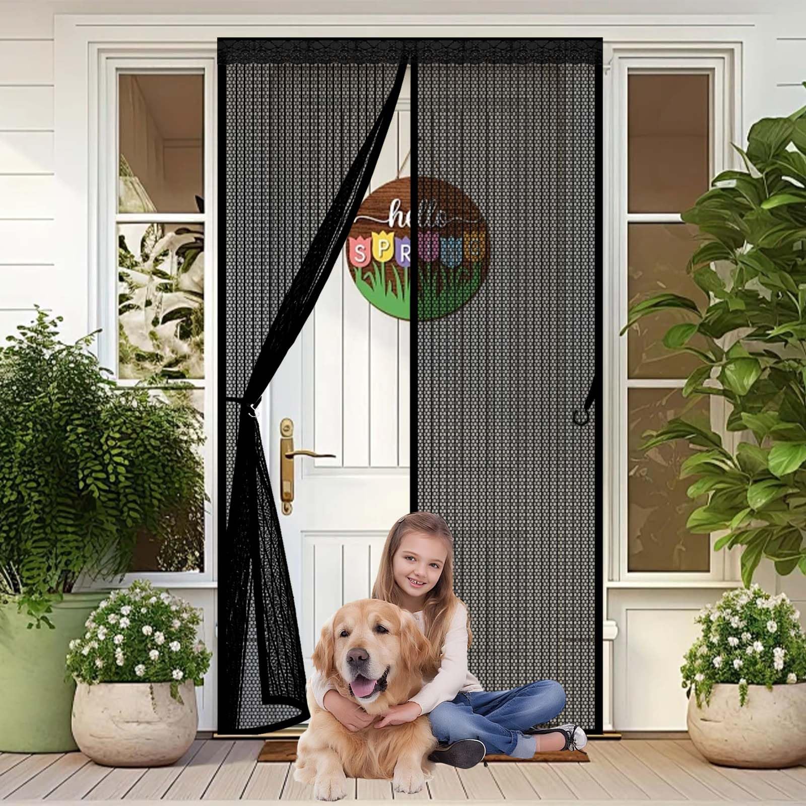 Fliegengitter Balkontür 145 x 310 cm Ohne Bohren, Automatisches Schließen, Mit Starken Magneten, Klettband Oben, Insektenschutz&Belüftung, Insektenschutzvorhang für Balkon, Schwarz
