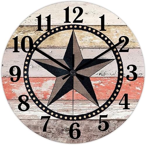 Miniatura 8 de Tollyee Reloj de pared decorativo de 15 pulgadas con estrella del oeste de Texas clásico reloj de madera de granja silencioso sin tictac funciona