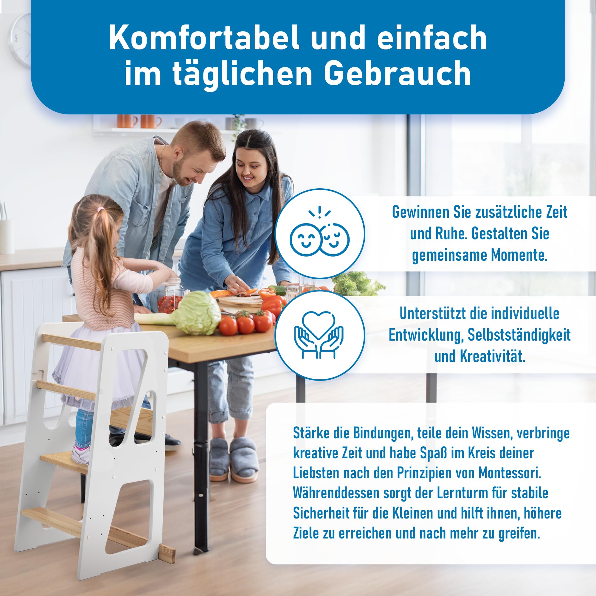 Lernturm ab 1 Jahr mit Anti-Kipp-Schutz – Höhenverstellbarer Montessori Learning Tower aus FSC-Massivholz – Bis zu 50kg belastbar – Für Kinder, für Küche, Tisch und Bad – MEBLE WRÓBEL®