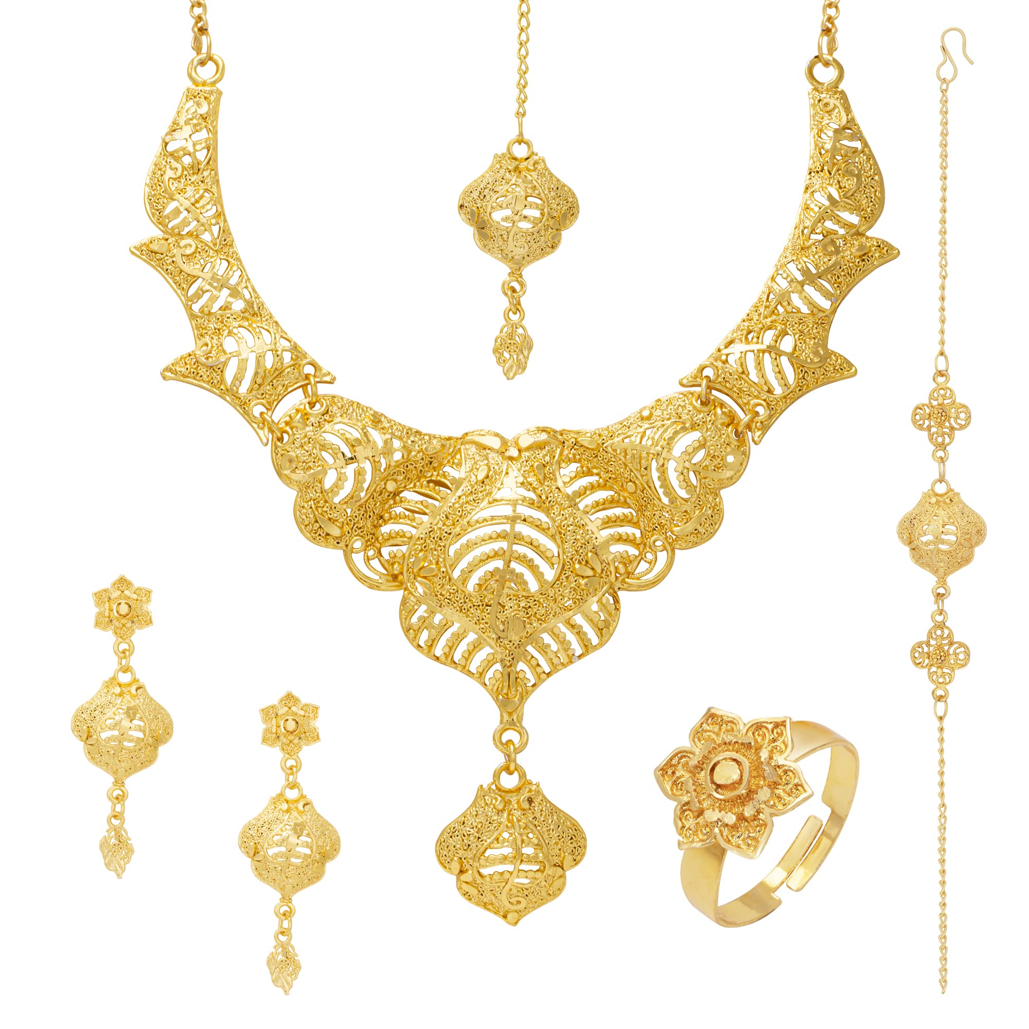 Sukkhi Shostopper Luring Gold Traditional Floral Necklace Set + Maang Tikka + Ring + Bracelet for Women (B0BT1RVYXF) Amazon Price History, Amazon Price Tracker