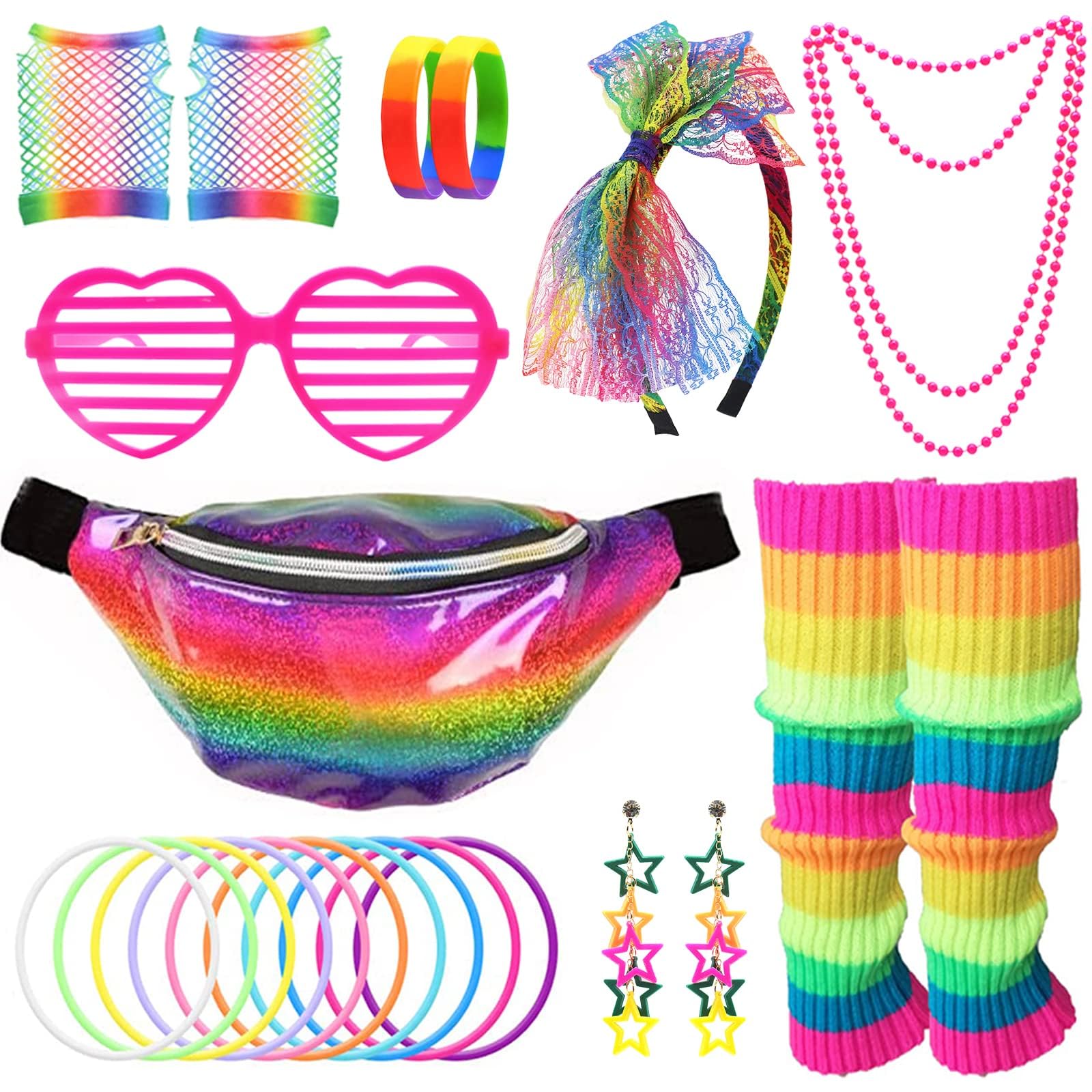 80s Fancy Dress Costume Accessories for Women Girls, 9Pcs Rainbow Accessories Set with Lace Headband Earrings Necklace Bracelets Waist Bag Fishnet Gloves Leg Warmers for 80s Retro Party Dress up Day