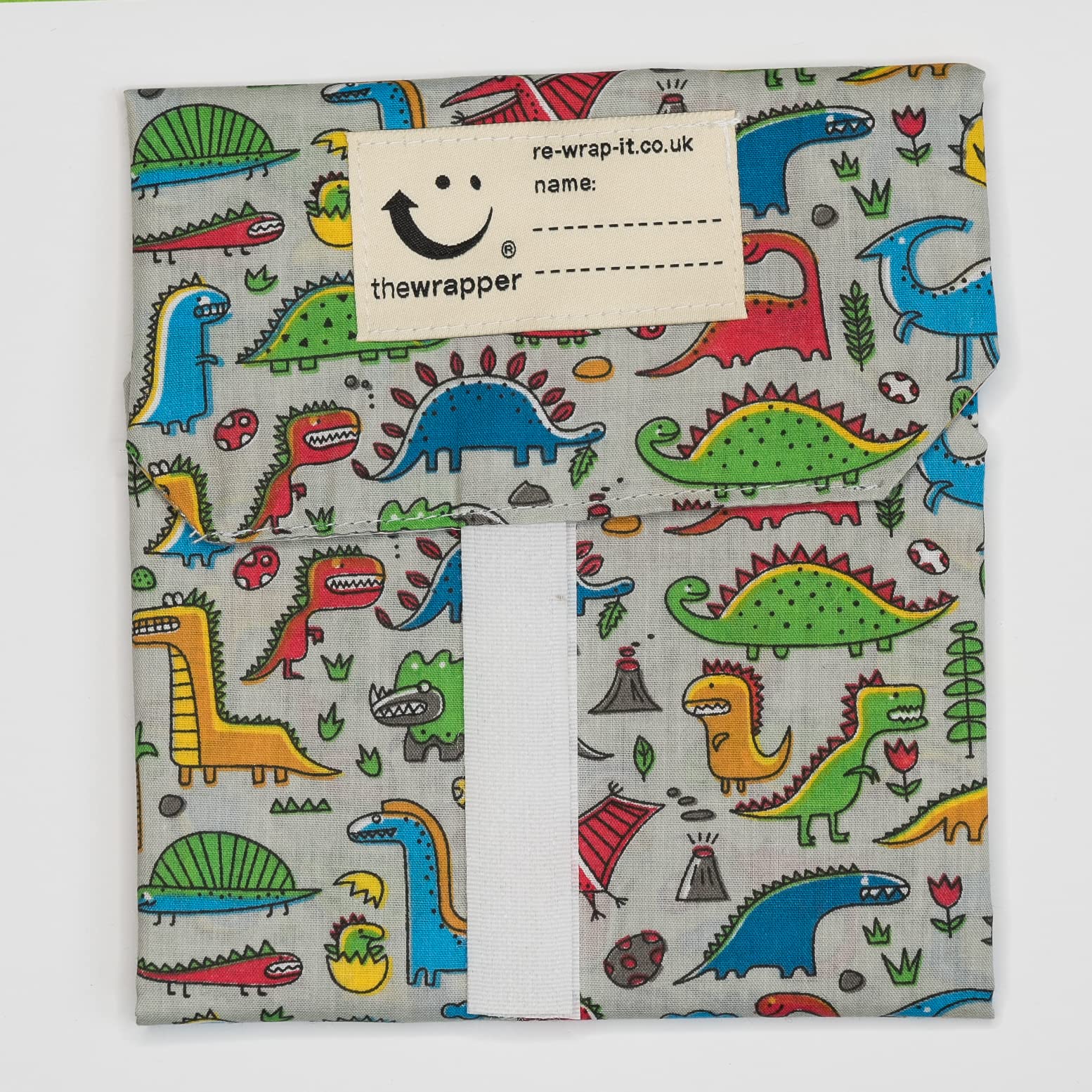 Re-Wrap-It Grey Dinosaurs The Wrapper, Re Wrap It Sandwich Bags, Dinosaurs On Grey, No Waste Packaging, Eco Friendly, Reusable Food Wraps. Made In Scotland.