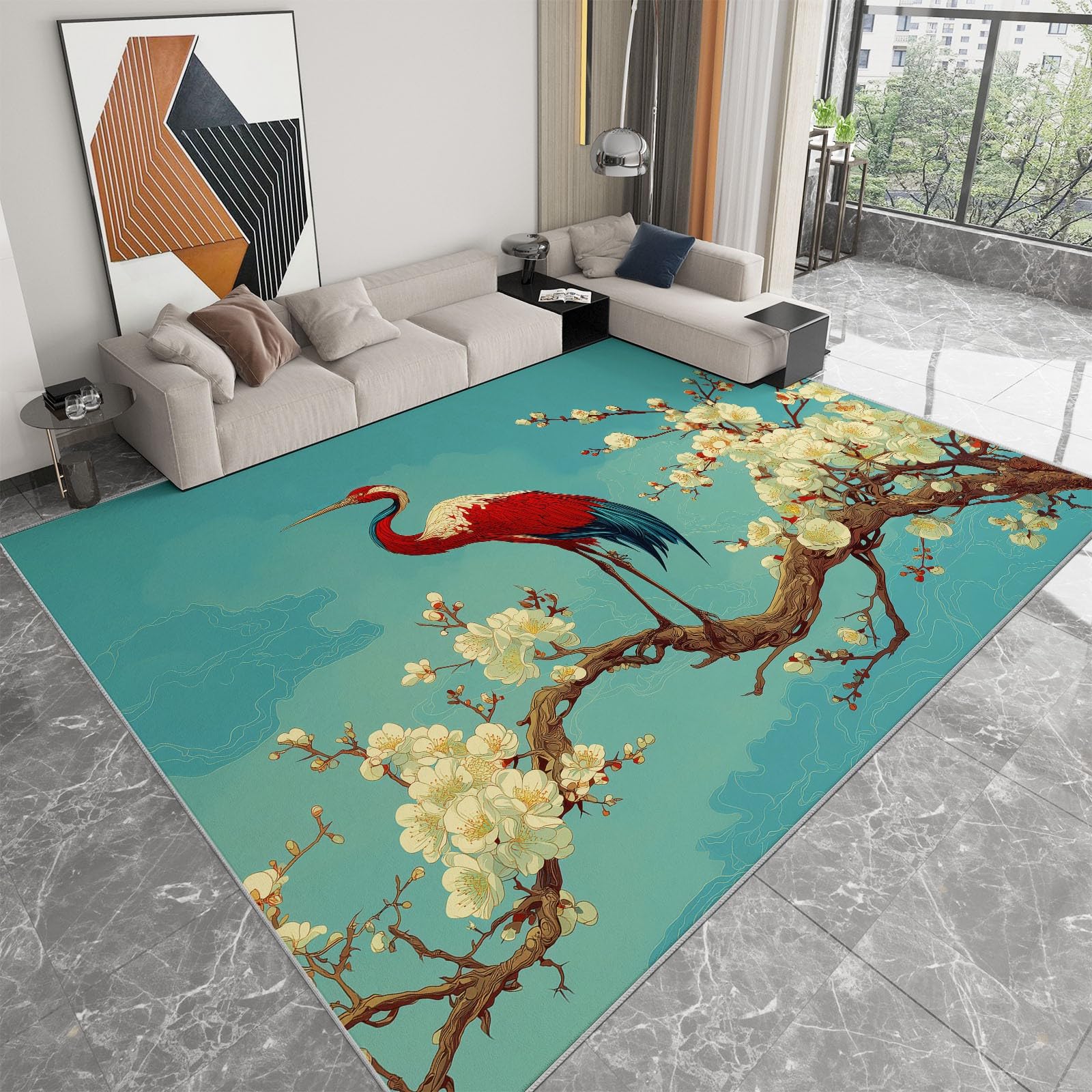 Alfombra antideslizante con diseño de pájaros voladores y flores de ciruelo, 160 x 230 cm, estilo chino, alfombra para dormitorio de niños y niñas, alfombra de suelo para sala de estar, dormitorio
