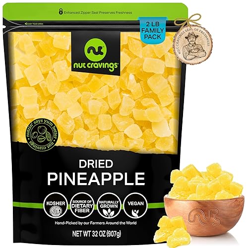 Trozos de piña secados al sol, con azúcar añadido (32 oz - 2 libras) envasados frescos en una bolsa resellable, fruta dulce deshidratada, aperitivo,