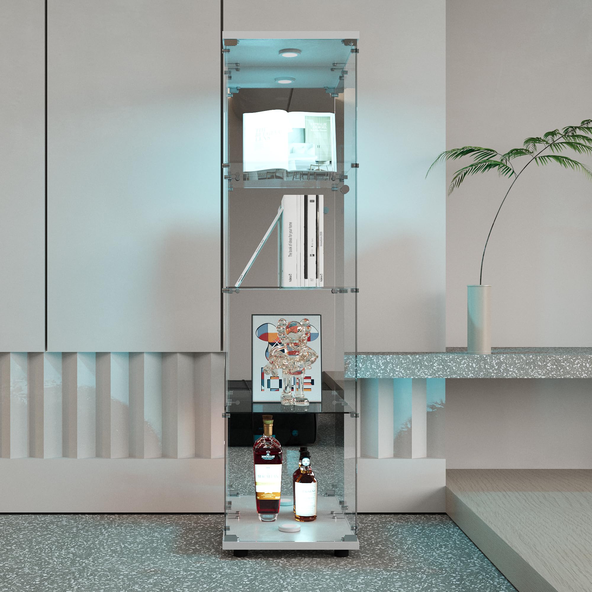 Vitrina de cristal con espejo, vitrina con iluminación LED, cerradura y 1 puerta, 4 compartimentos, vitrina con cristal para coleccionistas, LED para coleccionar (1 puerta)